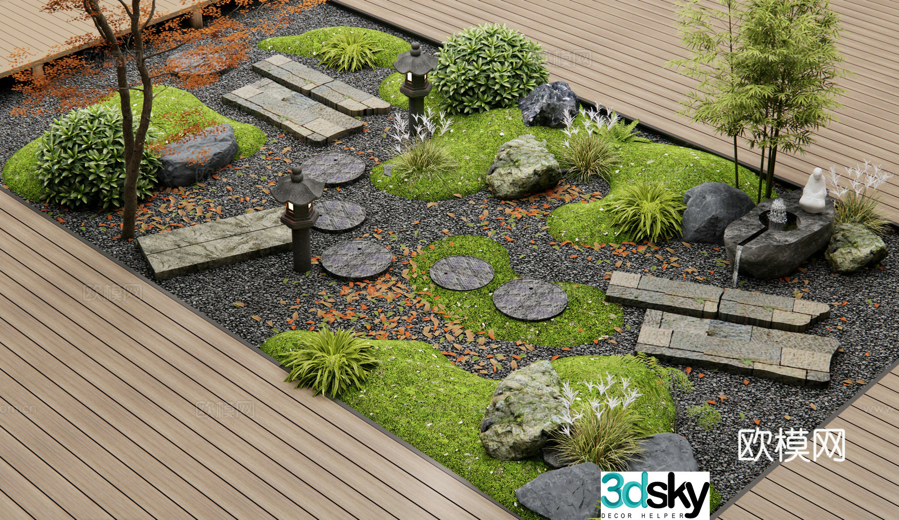 New Chinese micro-terrain Tingbu Bluestone Water Bottle Waterscape Moss Landscape Stone Dead Landscape 3D Model