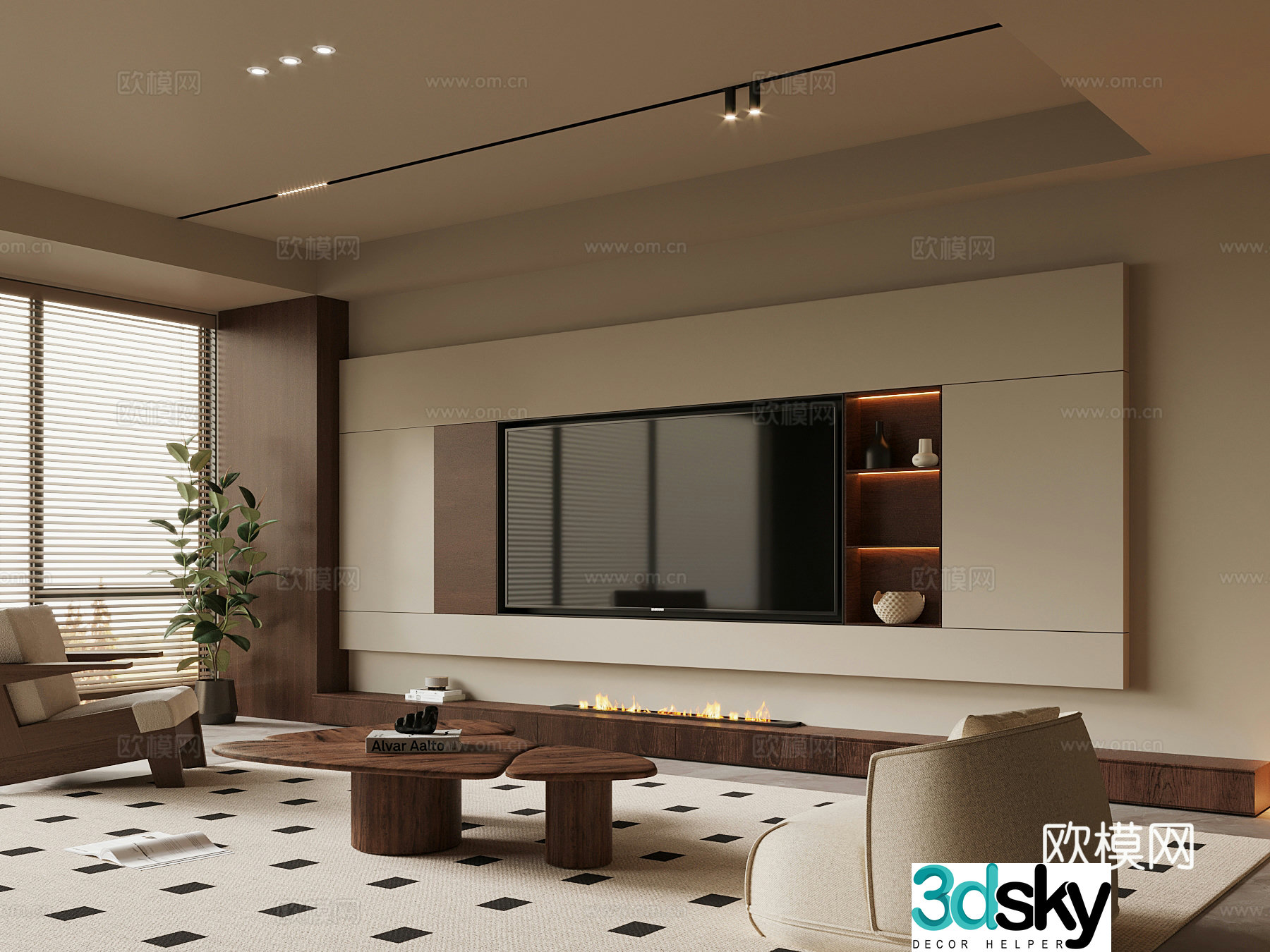 Middle style living room TV background wall sofa coffee table combination 3D model