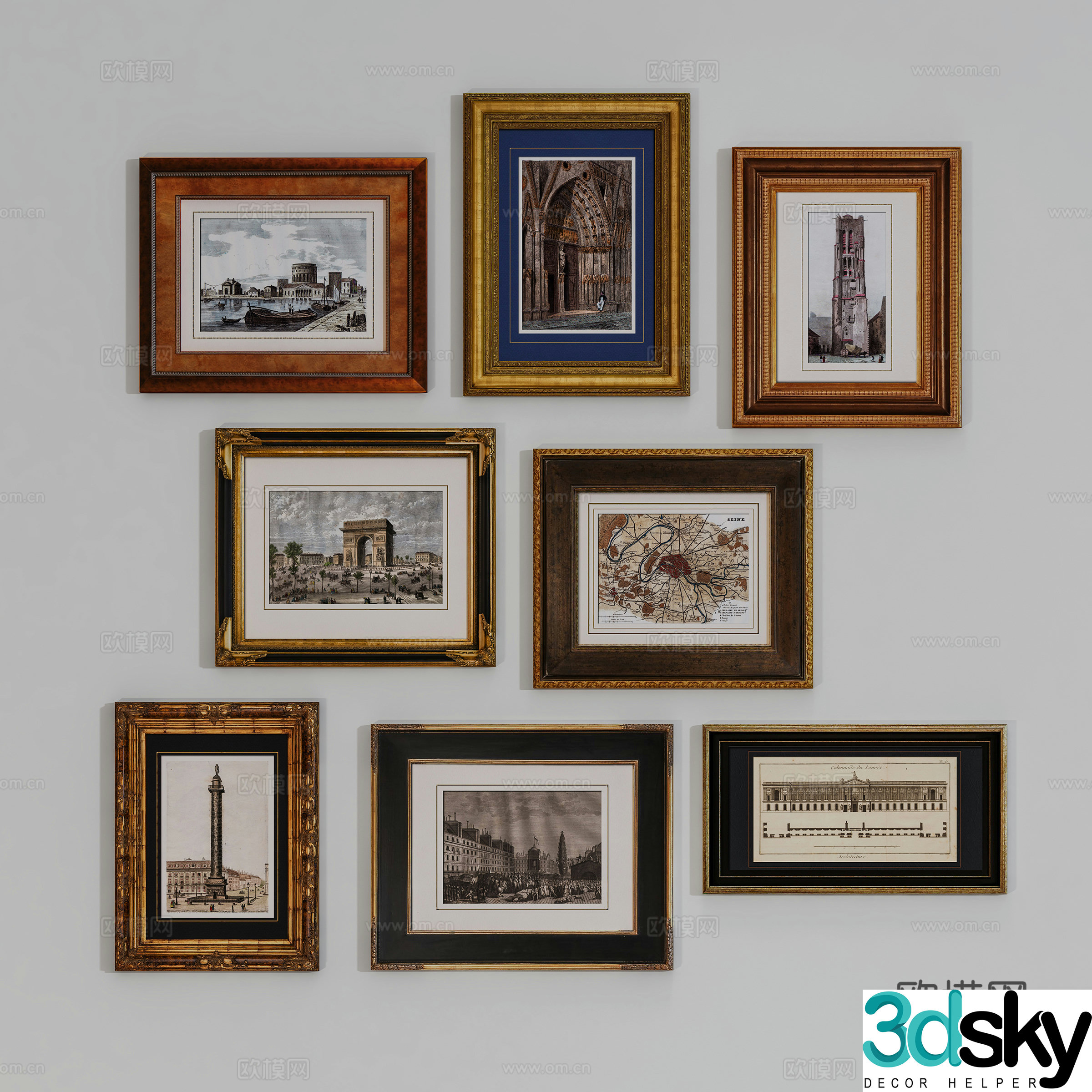 European style hanging painting combination wall hanging painting decorative painting 3D model