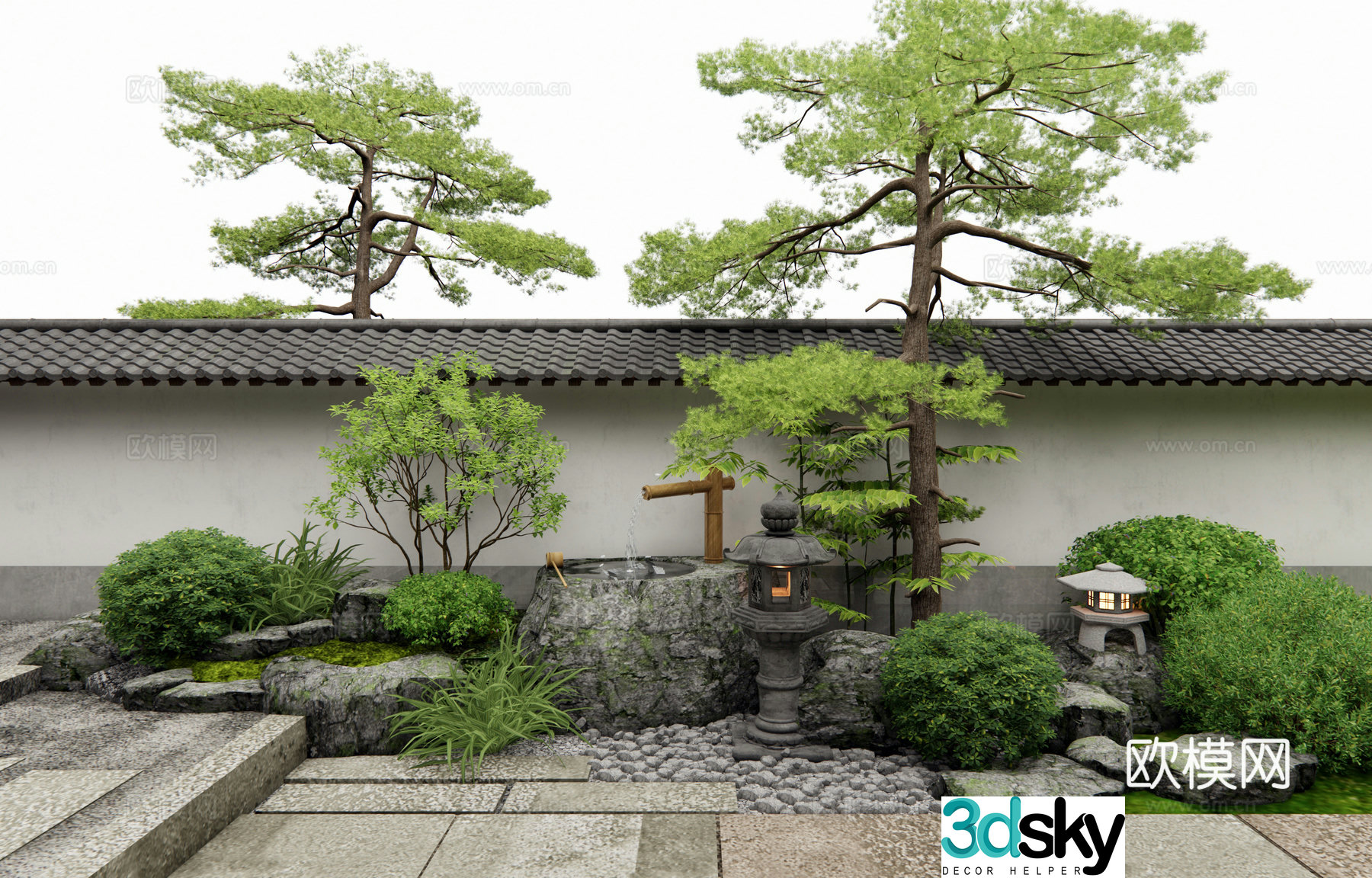 Japanese style courtyard landscape water bowl water view stone mortar landscape stone bluestone slab shrub ball 3d model