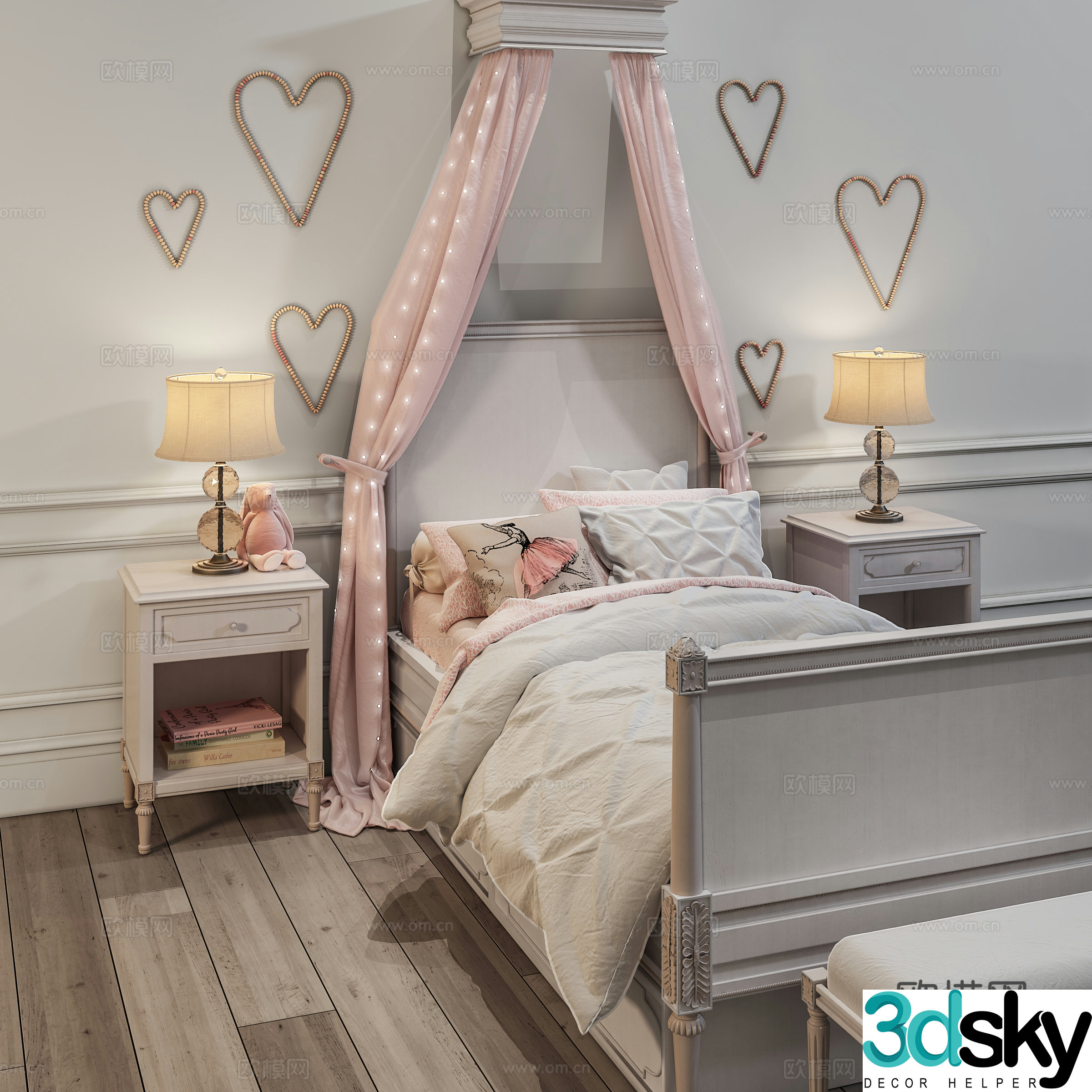 European single bed bedside counter lamp combination bedding girl bed 3d model