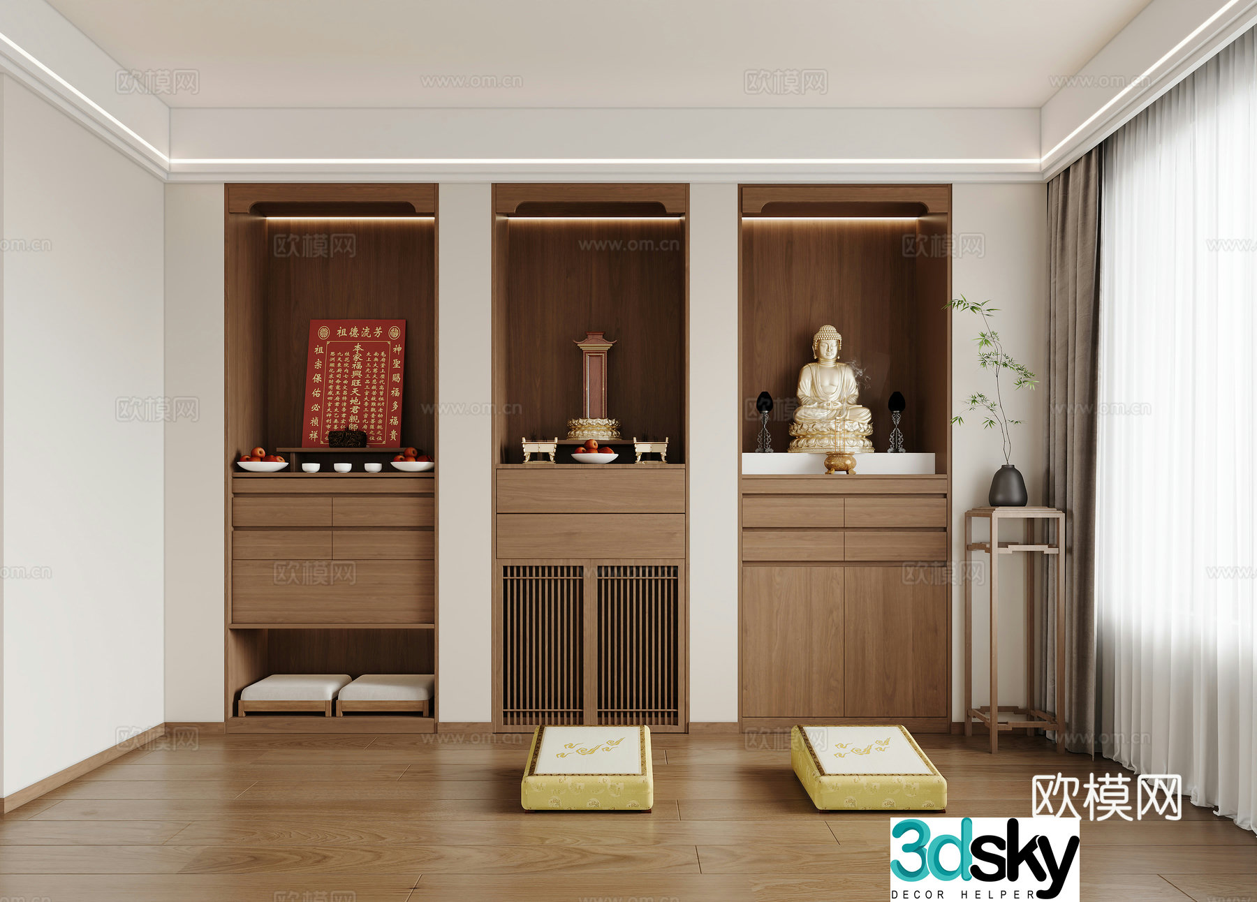 New Chinese style Buddha niche and Buddhist hall altar Buddha statue god platform Buddha cushion Buddha niche cabinet 3D model
