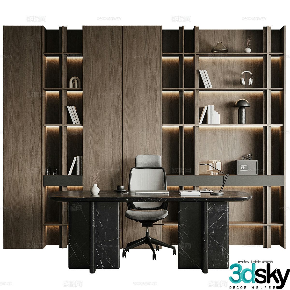 Modern Italian light luxury decorative bookcase desk and chair 3D model