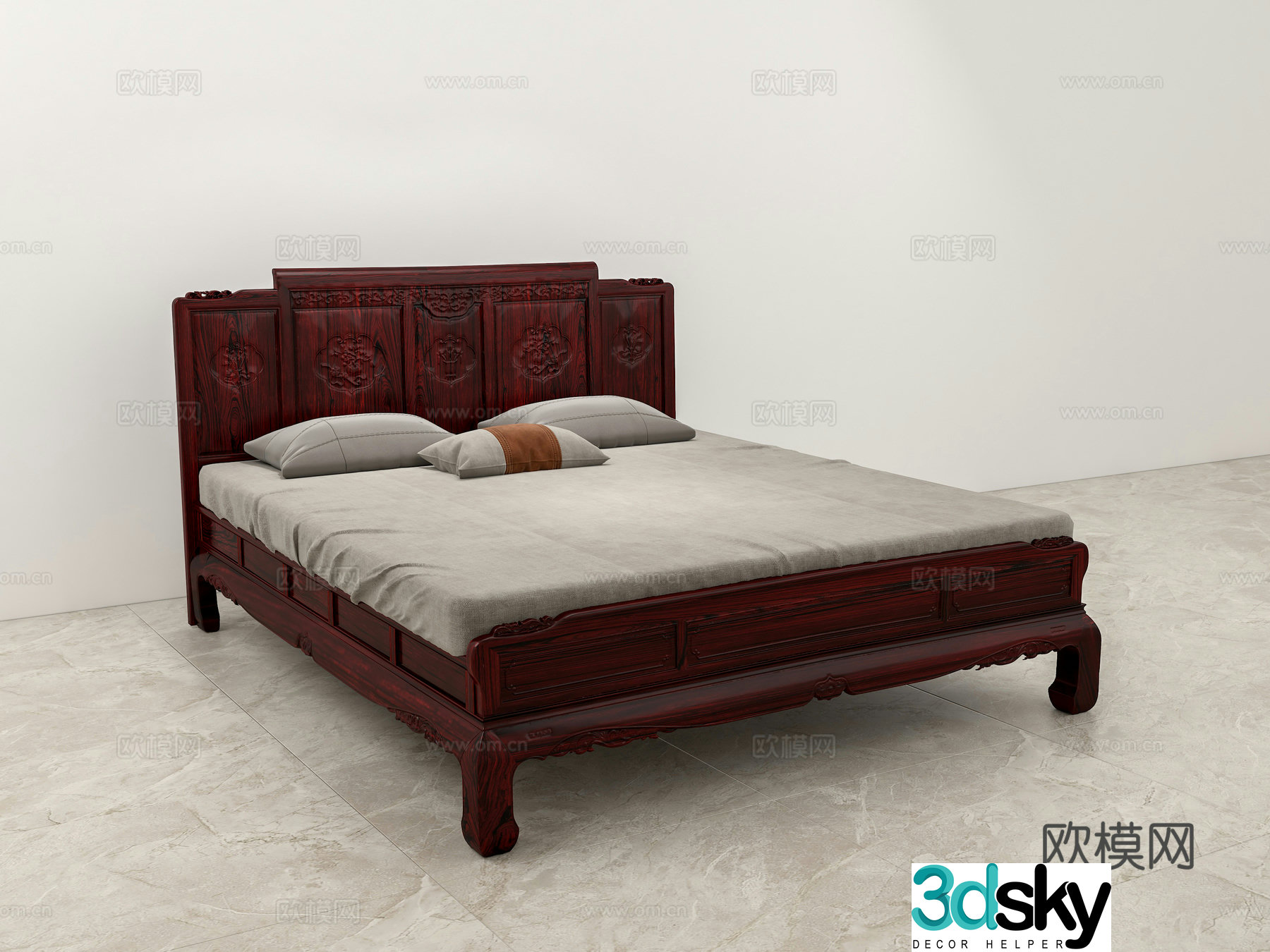 Chinese double bed high body bed carved bedside head solid wood mahogany 3D model