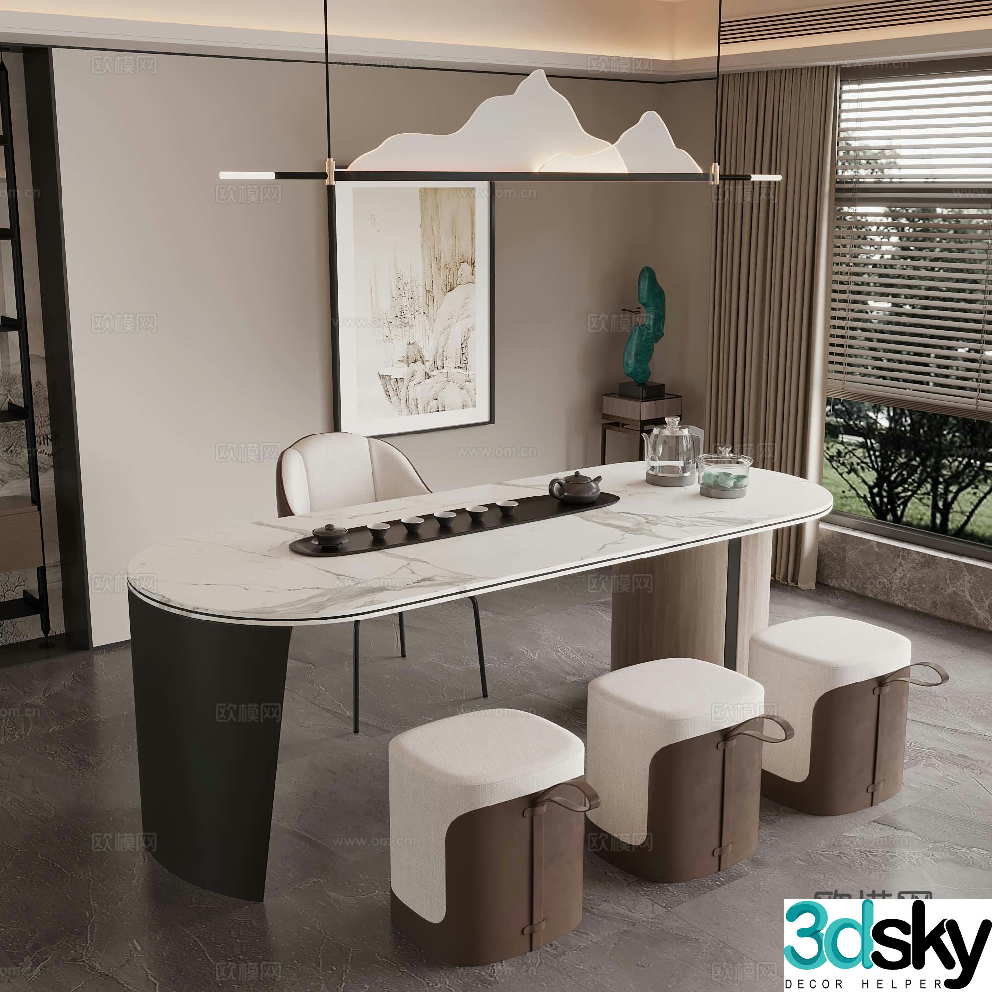 New Chinese-style tea room tea table and chair 3D model