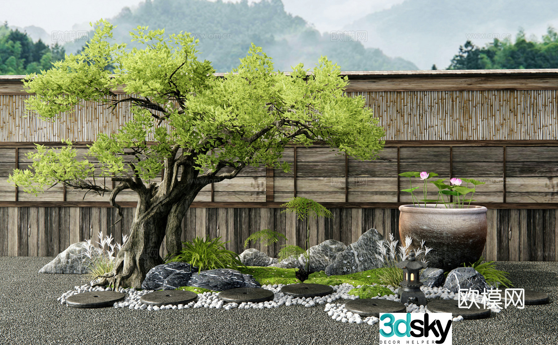New Chinese style courtyard sketch Tingbu Moss landscape Landscape stone Water tank Landscape tree Shoushan stone 3D model