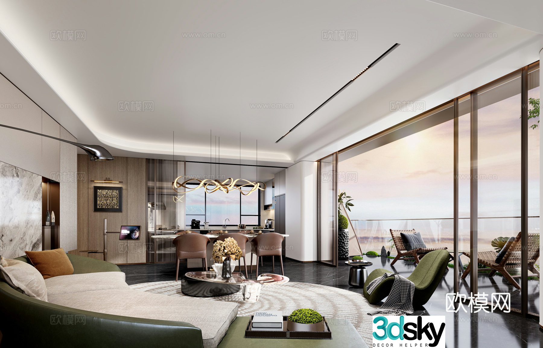 Modern living and dining room 3d model