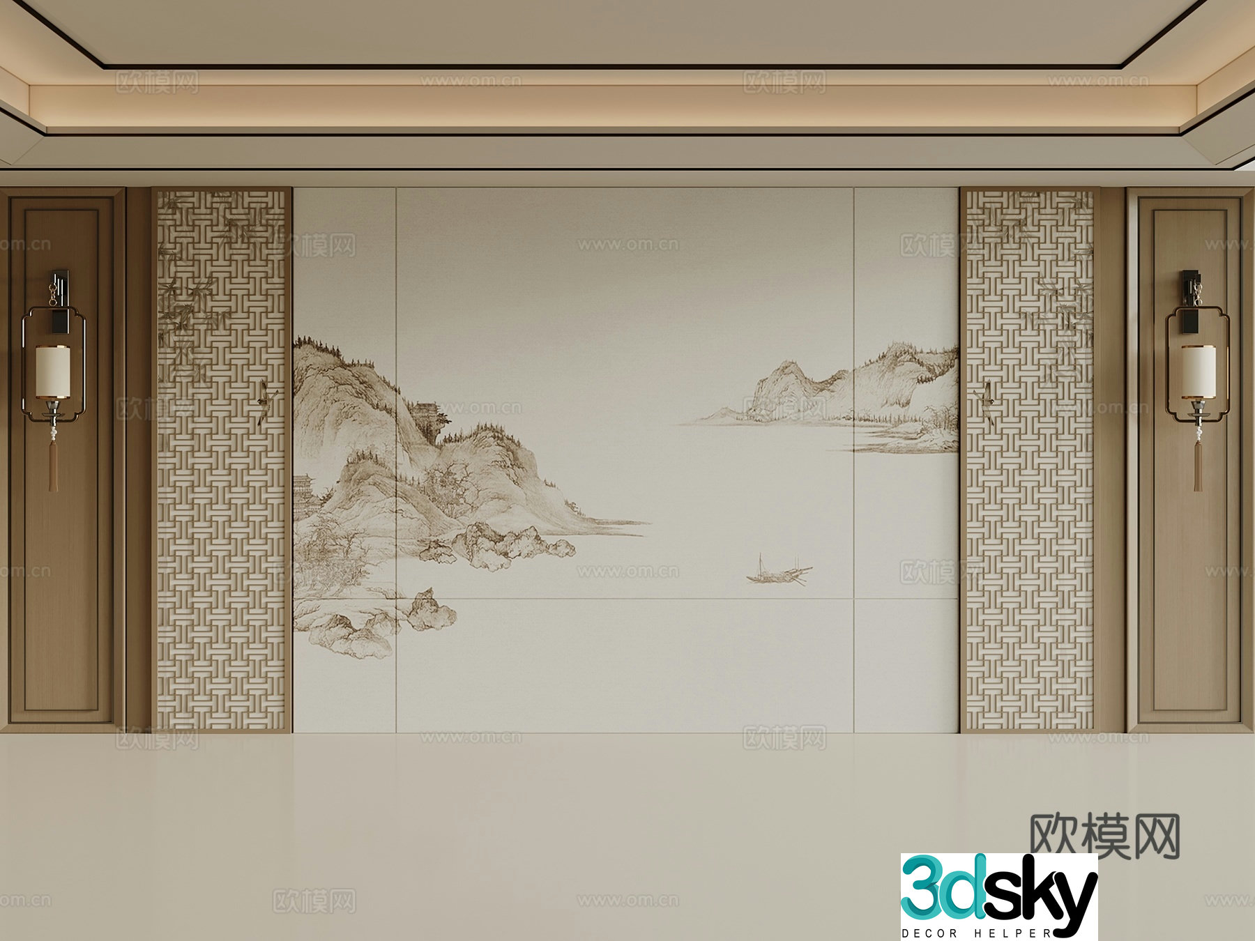 New Chinese sofa background wall wooden sofa background wall grille background wall 3d model