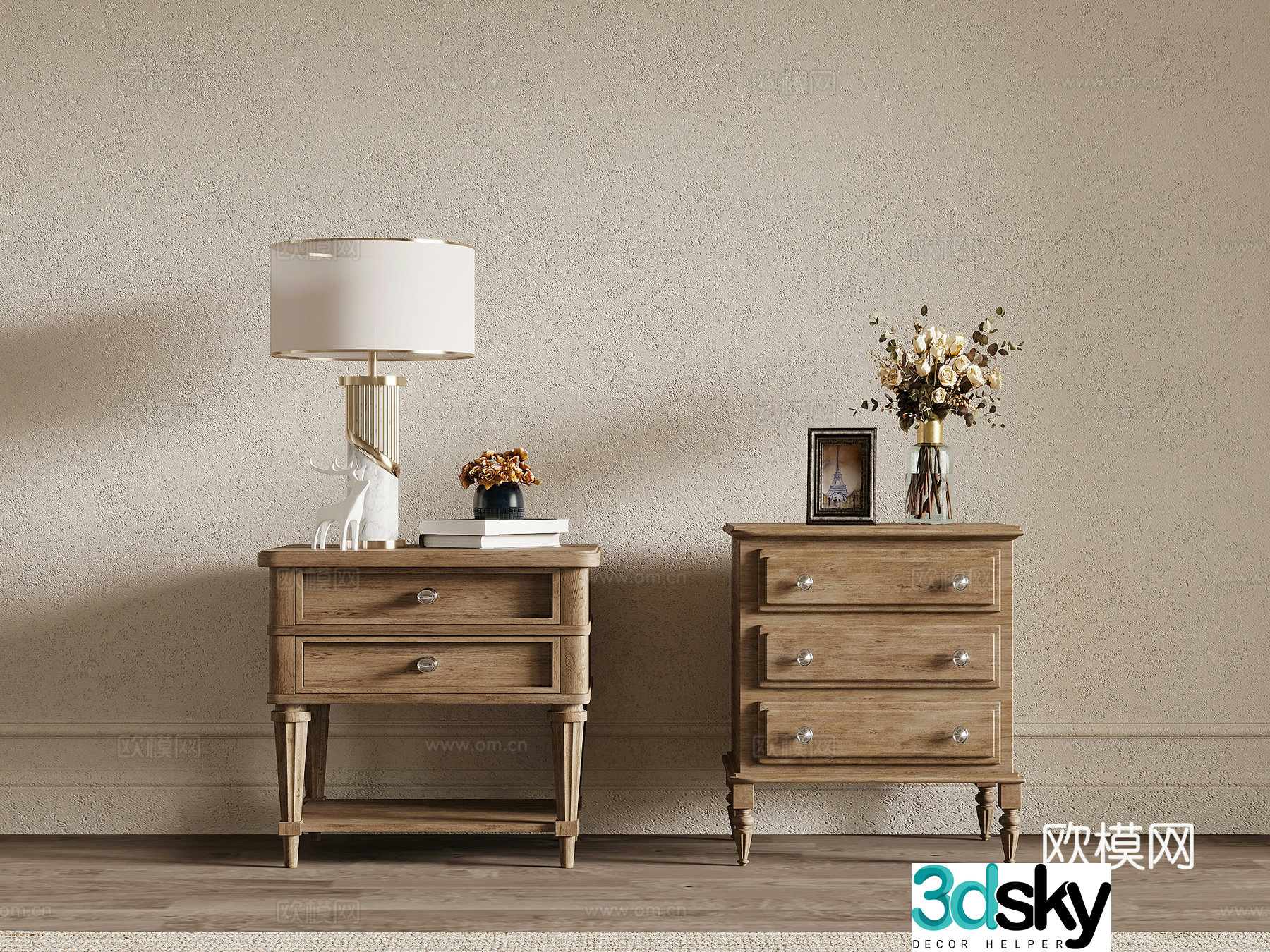 Bedside table French bedside table lamp decoration 3d model