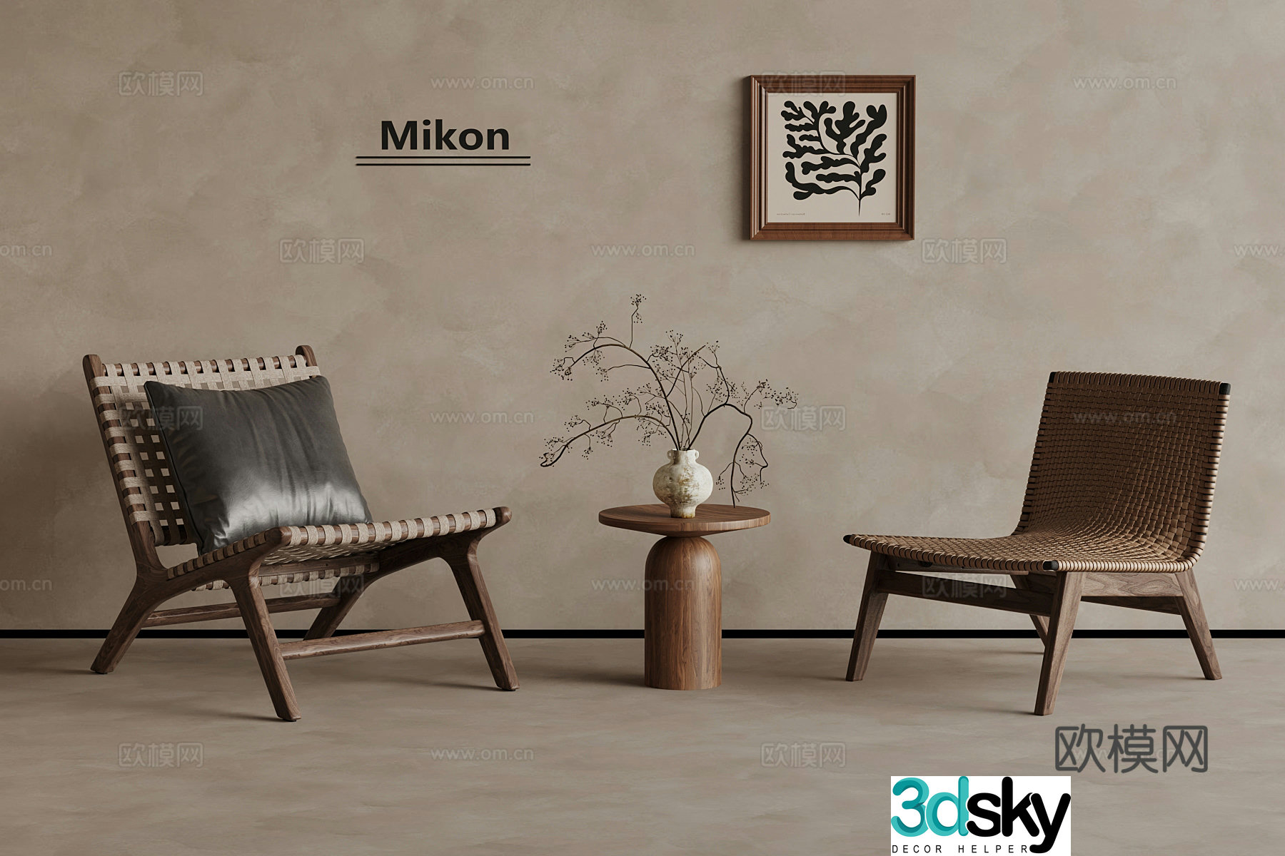 Medium style leisure chair side table hanging painting 3D model
