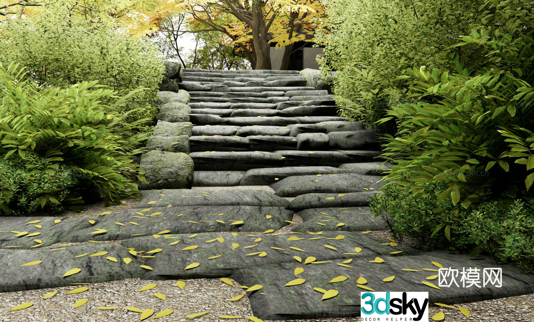 Japanese stair landscape plant combination shrub plant pile landscape tree maple chicken claw pepper 3d model