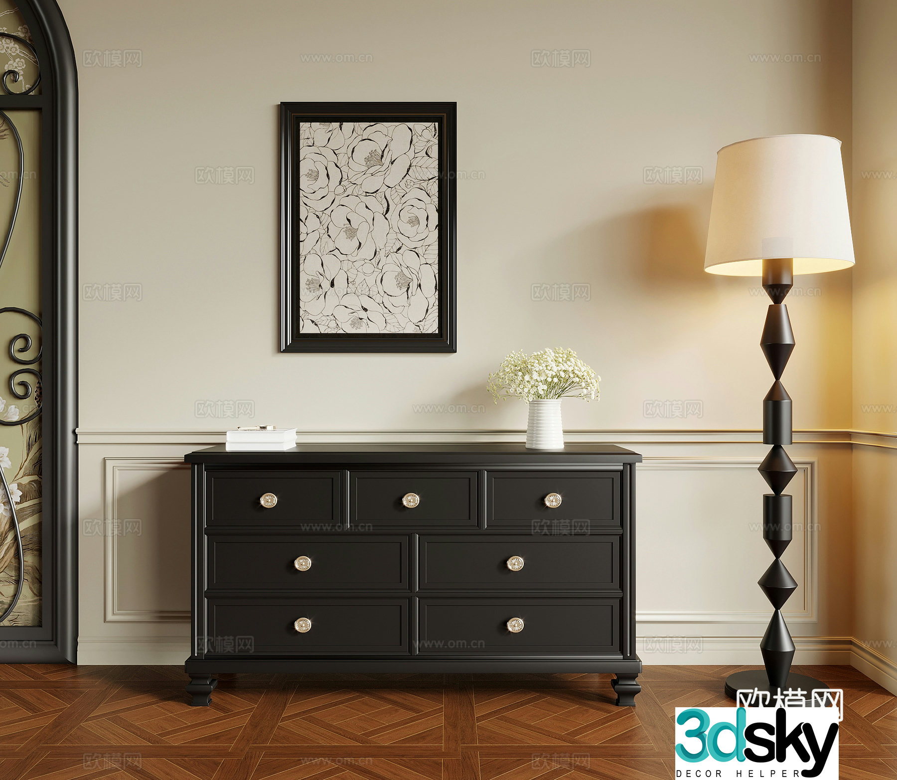 Entrance cabinet French retro style entrance cabinet end view cabinet floor lamp 3D model