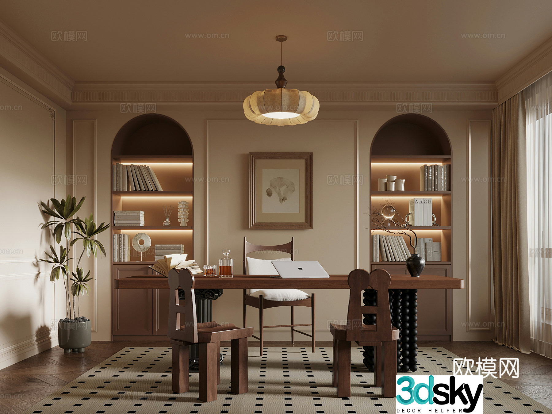 Middle-aged study room desk chair chandeliers bookcase 3d model