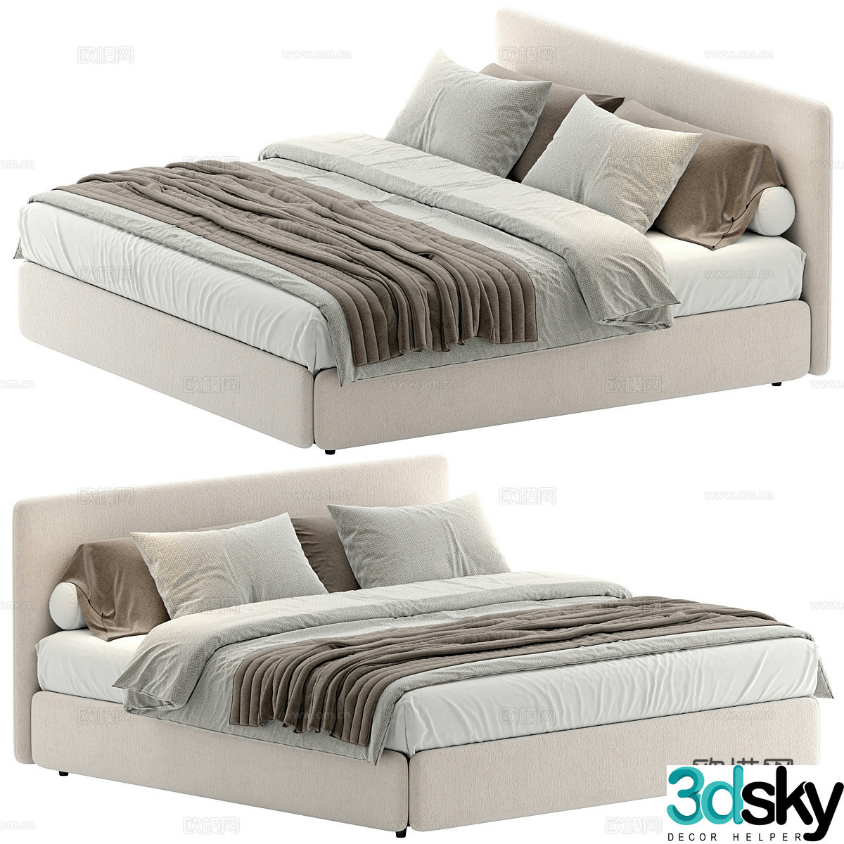 Modern cream style fabric double bed 3d model