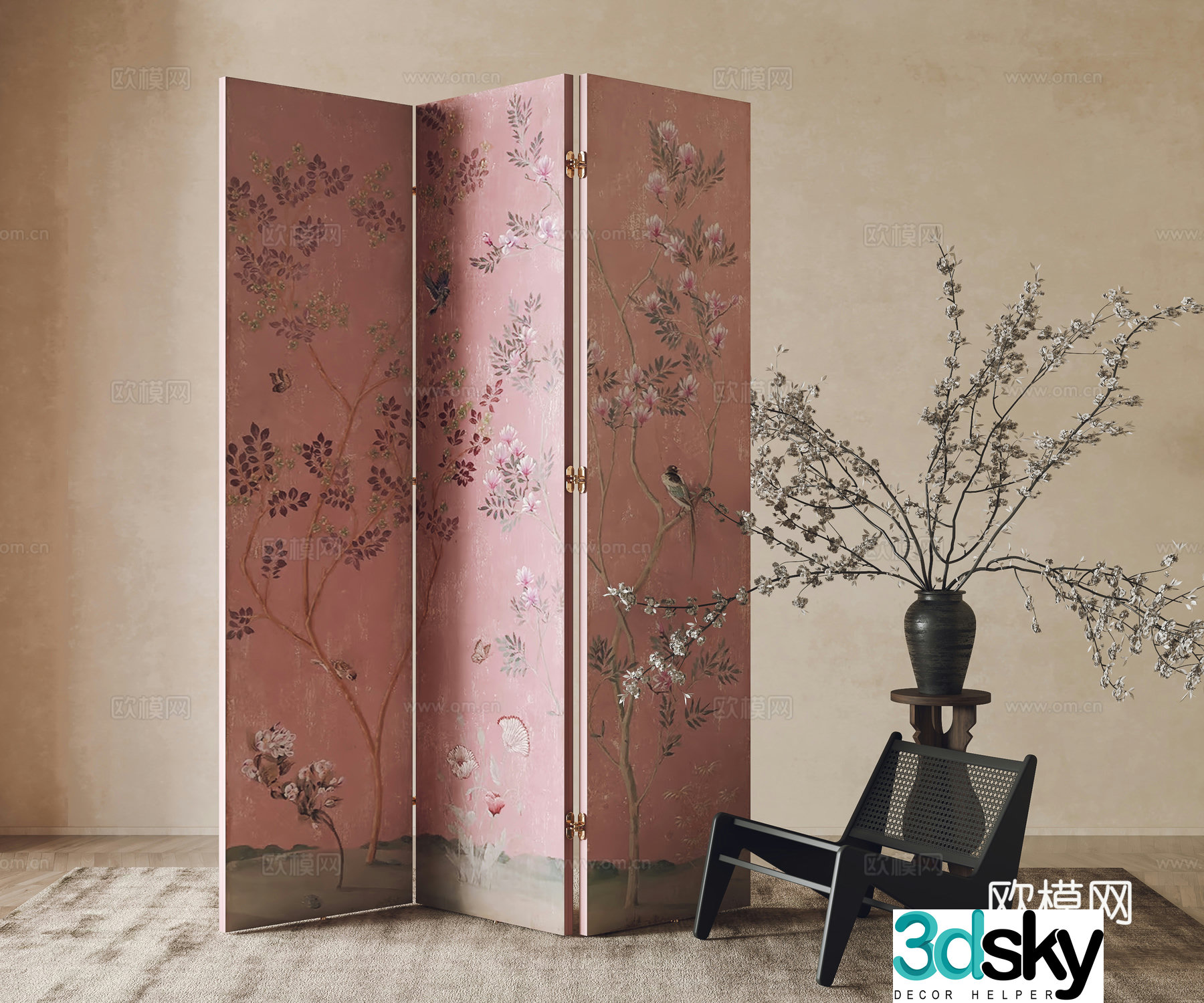 New Chinese-style screen partition leisure chair corner flower art 3d model