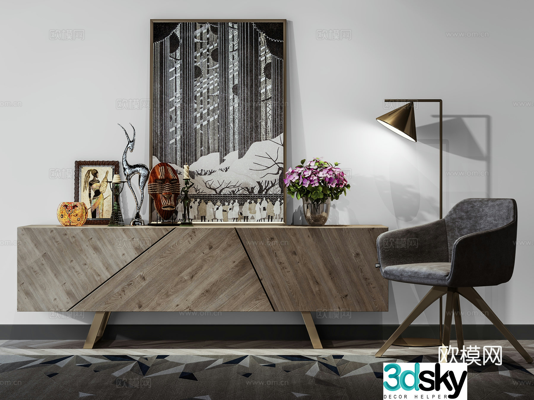 Wasabi style decoration cabinet porch cabinet leisure chair hanging painting combination jewelry ornament 3D model