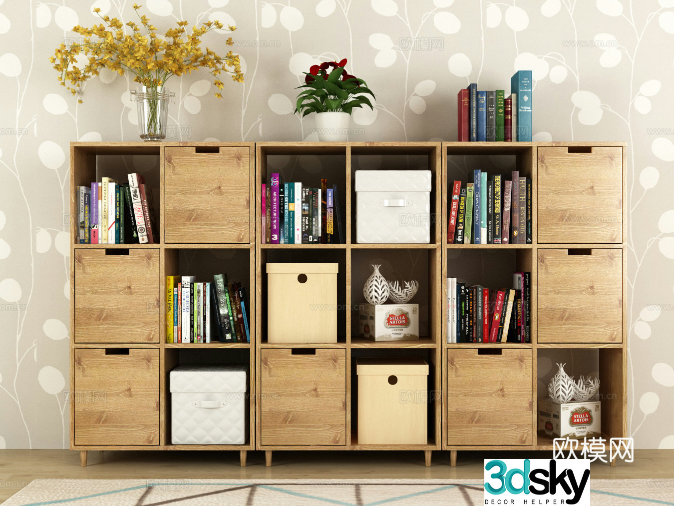 Modern bookcase side cabinet decoration cabinet green plant vase floral ornament carpet 3d model