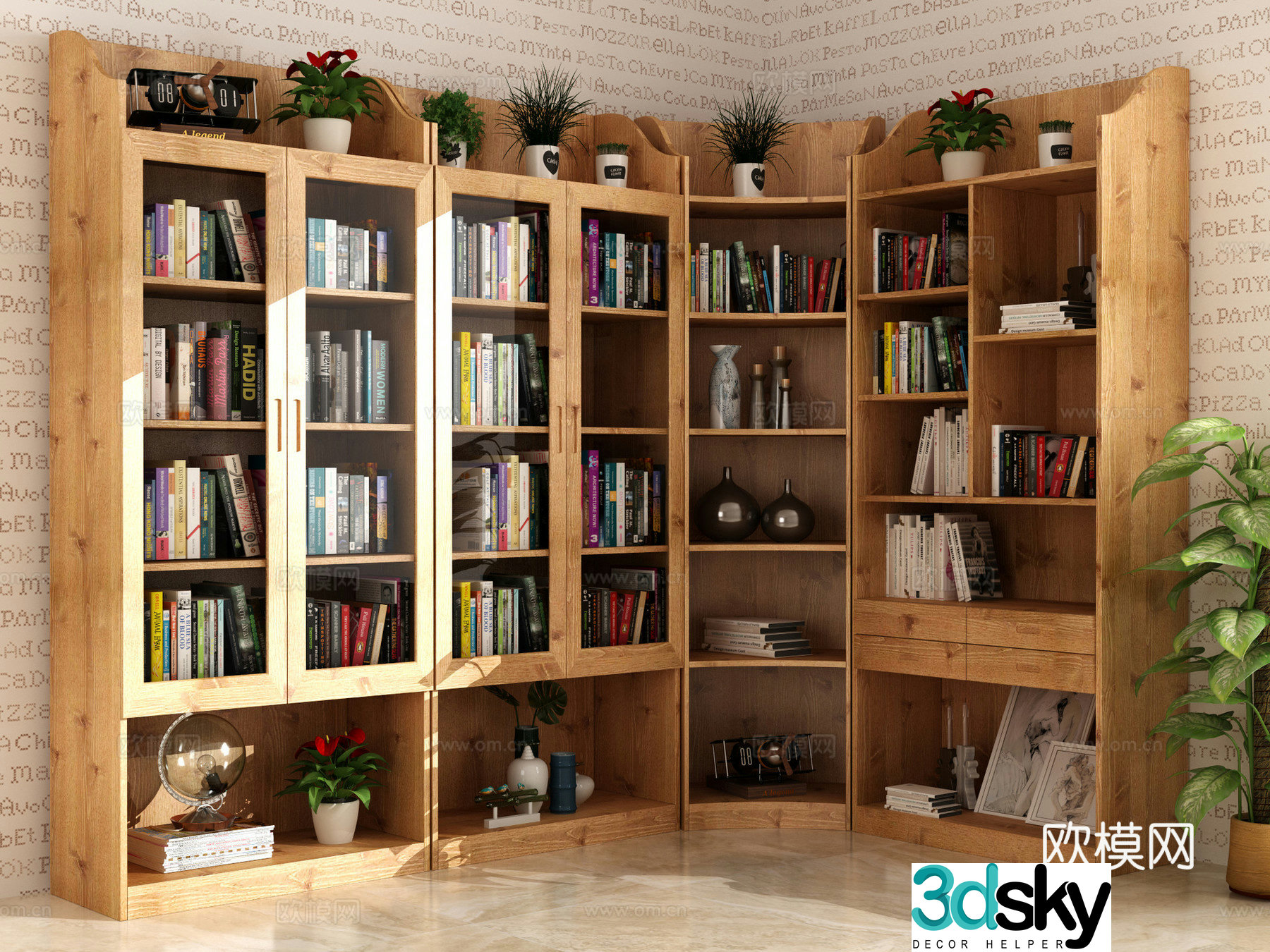 Modern solid wood corner bookcase green plant 3d model