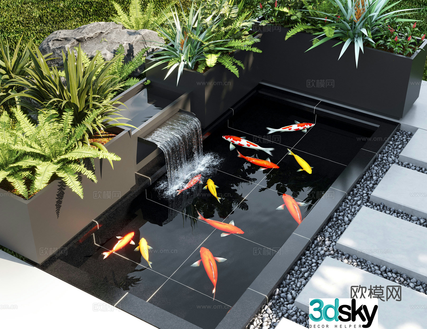 Modern courtyard landscape Garden water view Fish pond Landscape plants 3d model