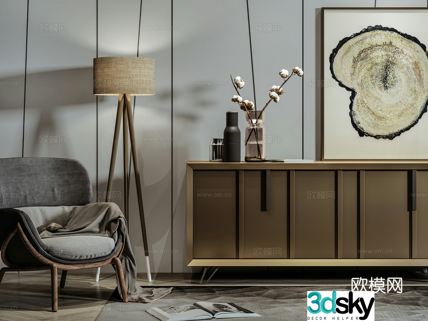 Nordic decorative cabinet leisure chair combination painting floor lamp accessories 3D model