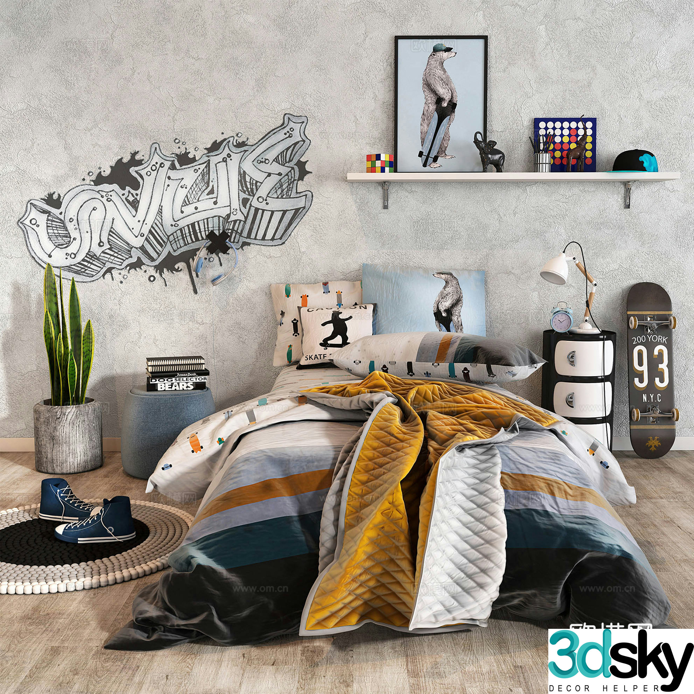Nordic Buddy Double Bed Bed Night counter lamp combination Boy’s Bed 3D Model