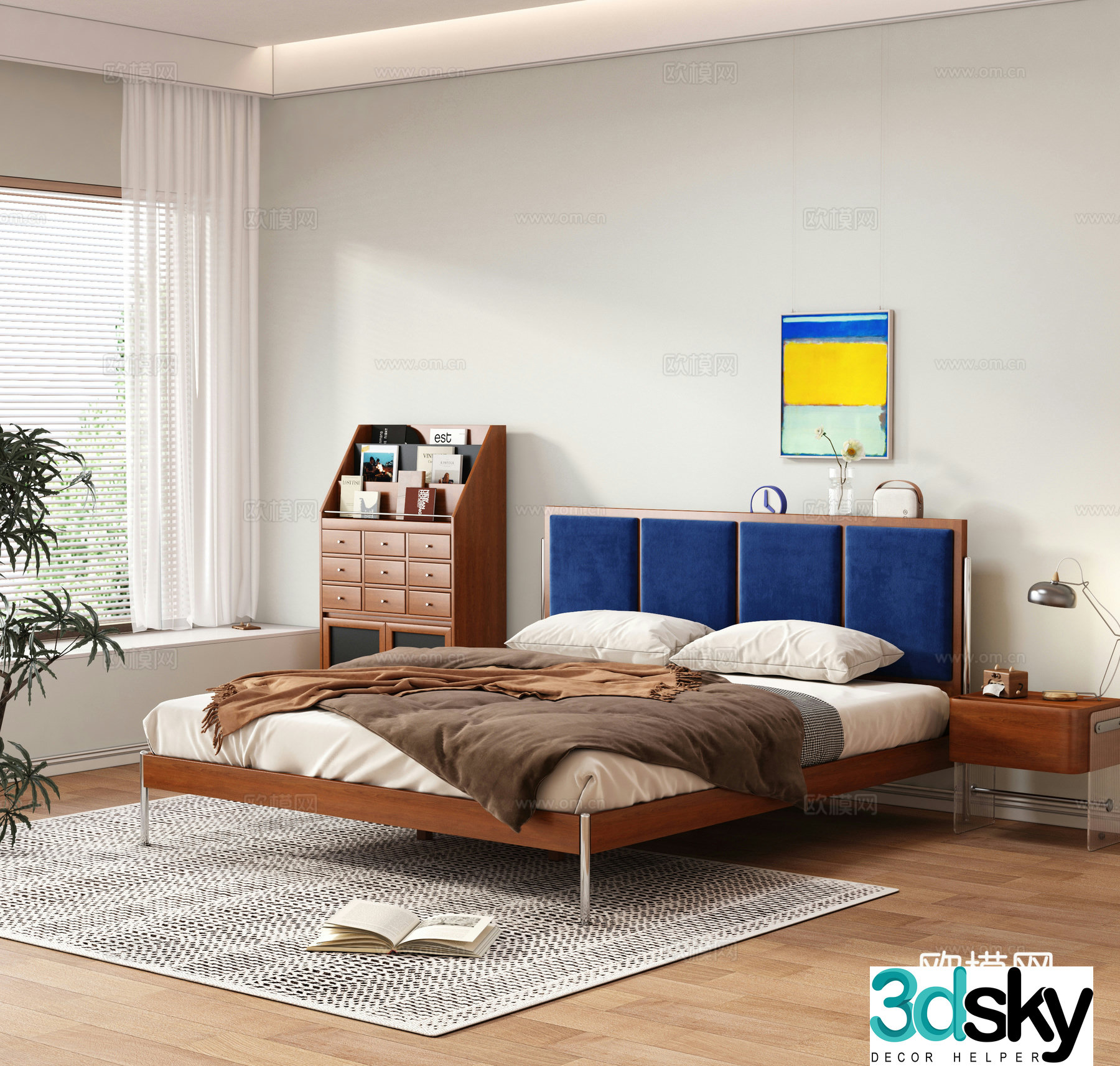 Medium retro double bed solid wood bed master bedroom bed finished double bed solid wood bed nightstand 3D model