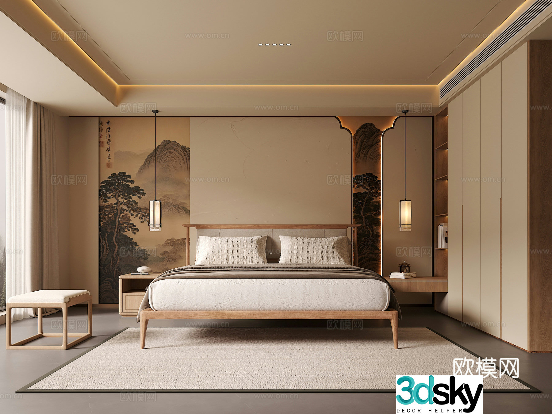 Song’s medieval style bedroom double bed combination bedside table chandeliers green plants ornaments background 3D model