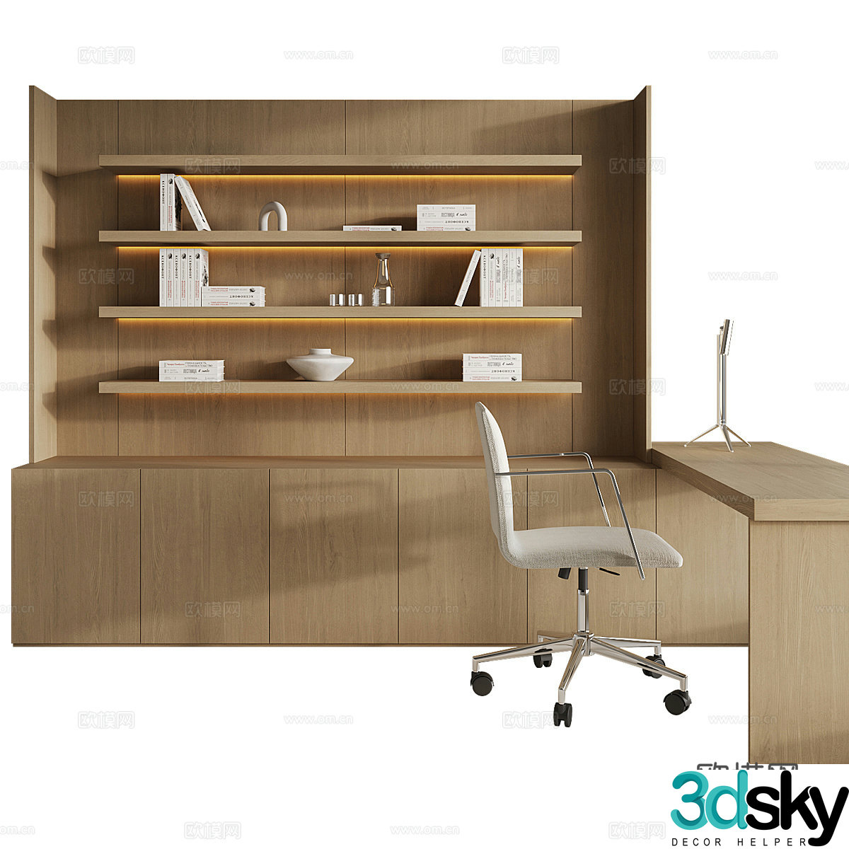 Modern minimalist bookcase desk chair combination 3D model