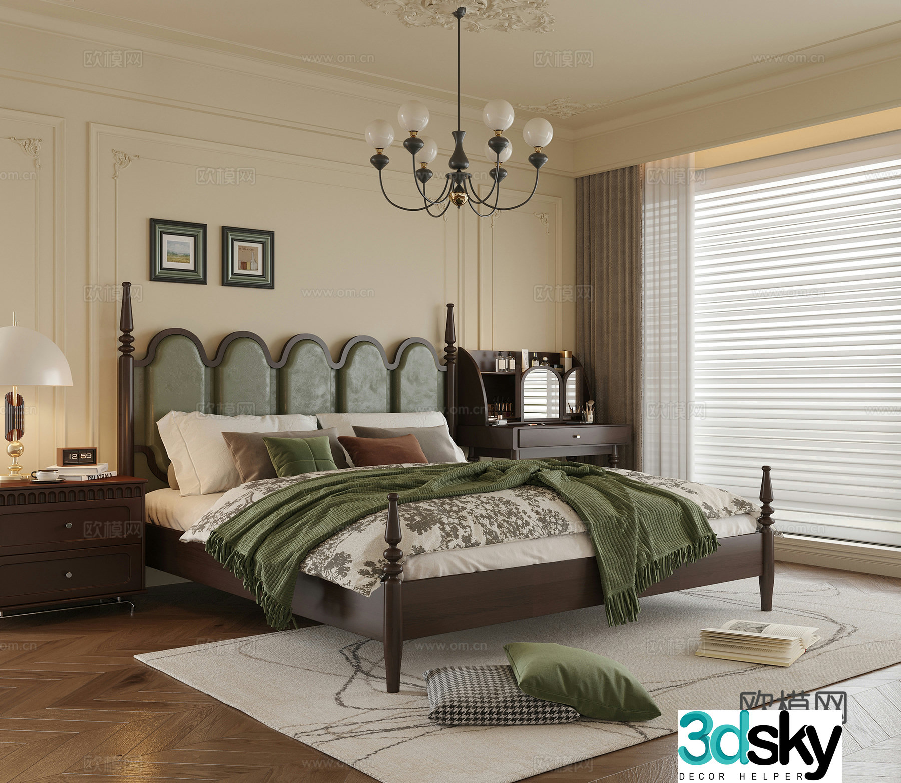 French bedroom double bed dressing table bedroom chandeliers 3d model