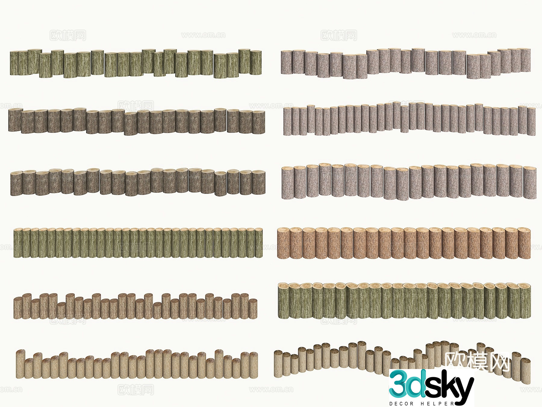 Chinese wooden stakes stump grilles stump fence stump retaining wall stump embankment 3D model