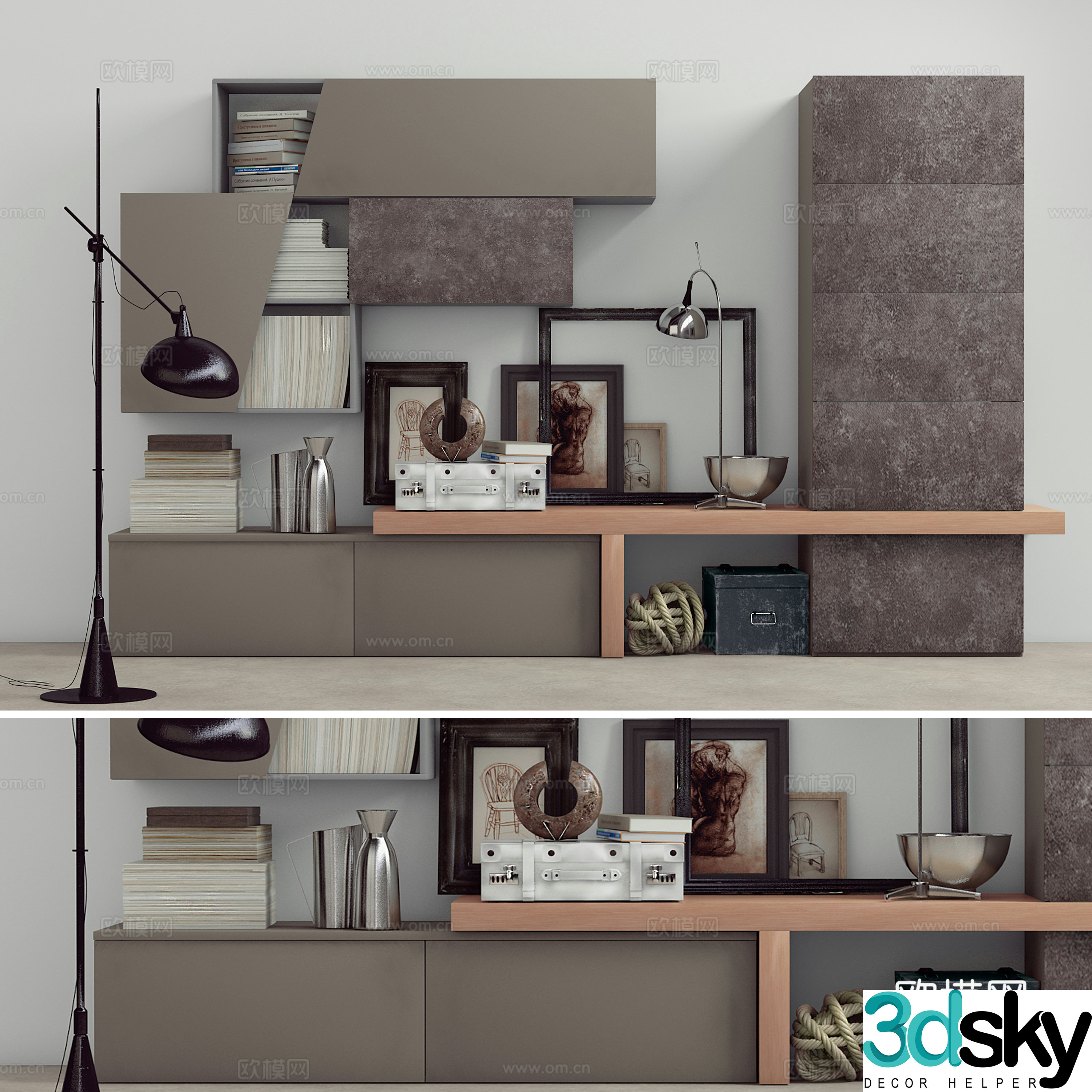 Modern decorative cabinet combination book hanging painting ornaments desk lamp floor lamp 3d model
