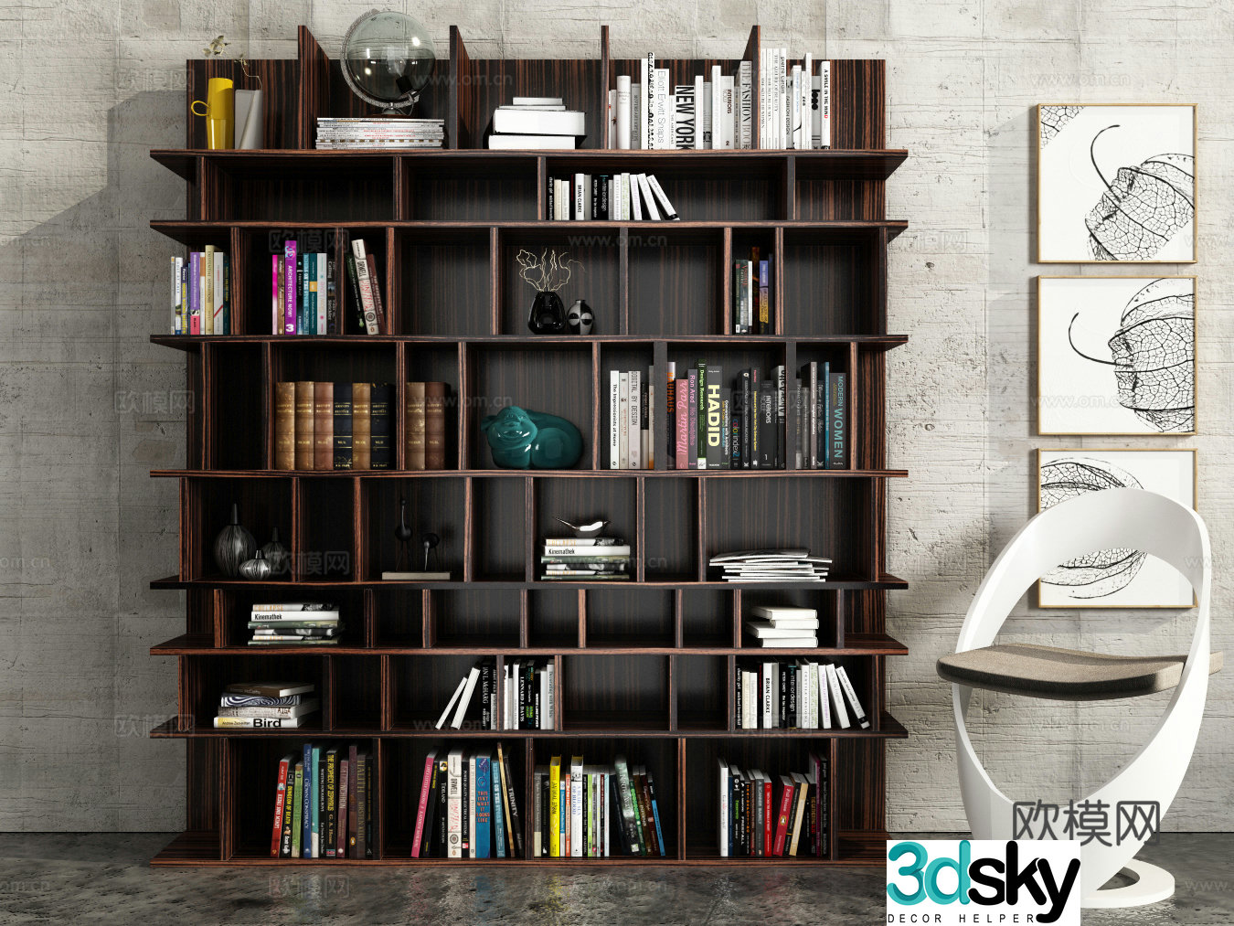 Modern solid wood bookshelves leisure chair hanging picture books and jewelry 3d model