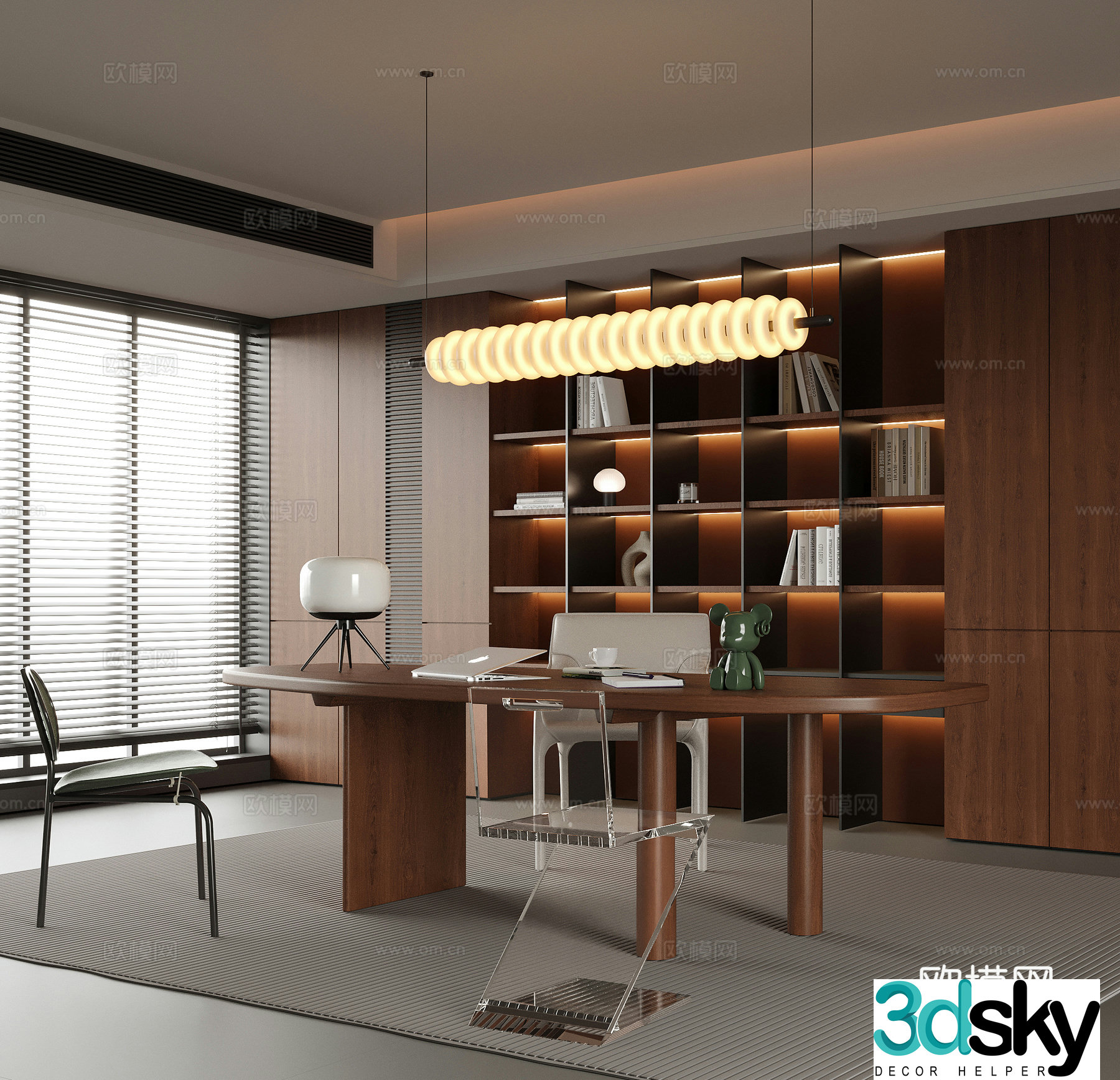 Modern study desk and chair bookcase 3d model