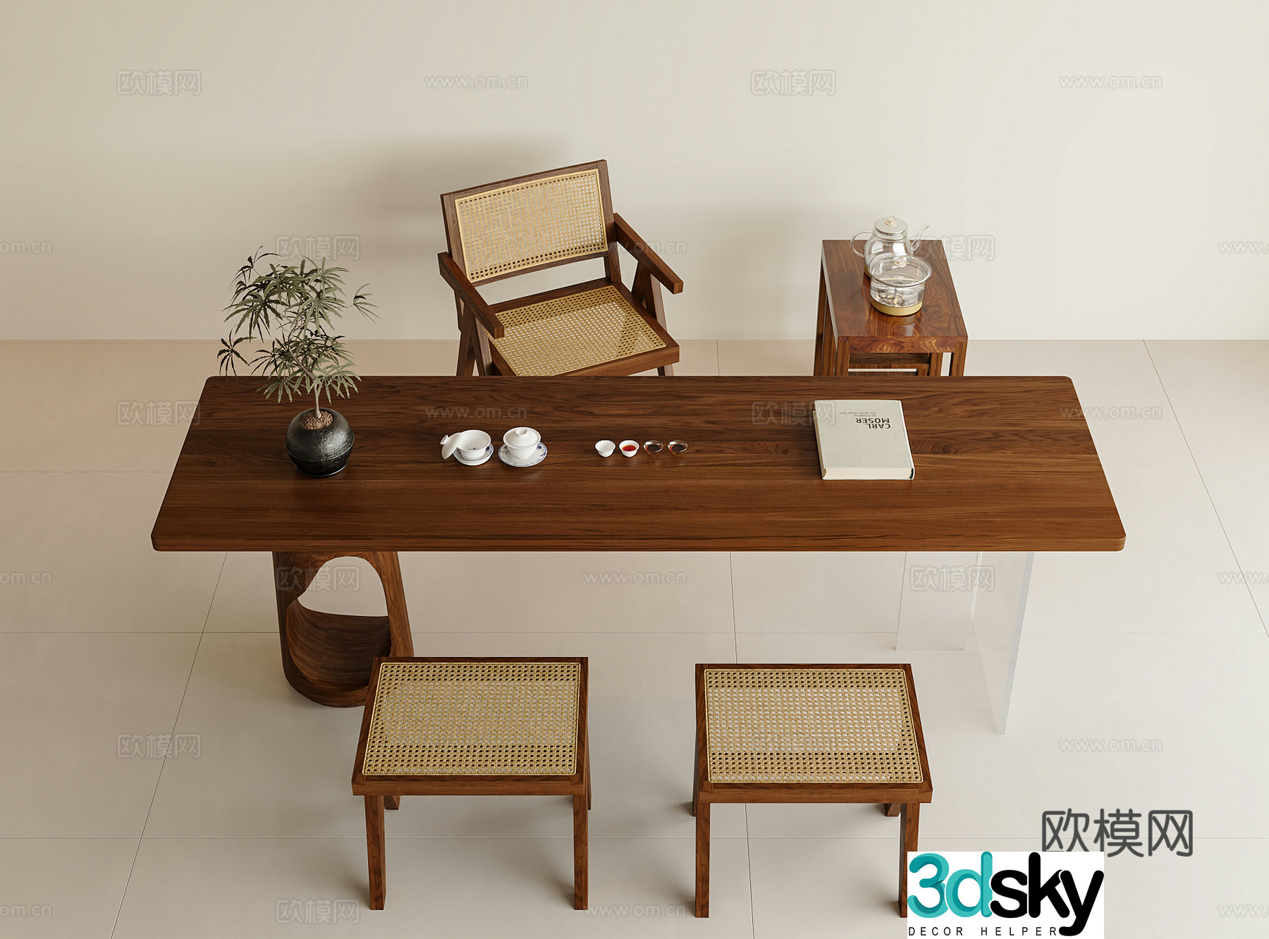 Middle-aged tea table and chairs Tea table Tea table rattan chairs Tea sets Large board table Green plant decorations Small push 3D model