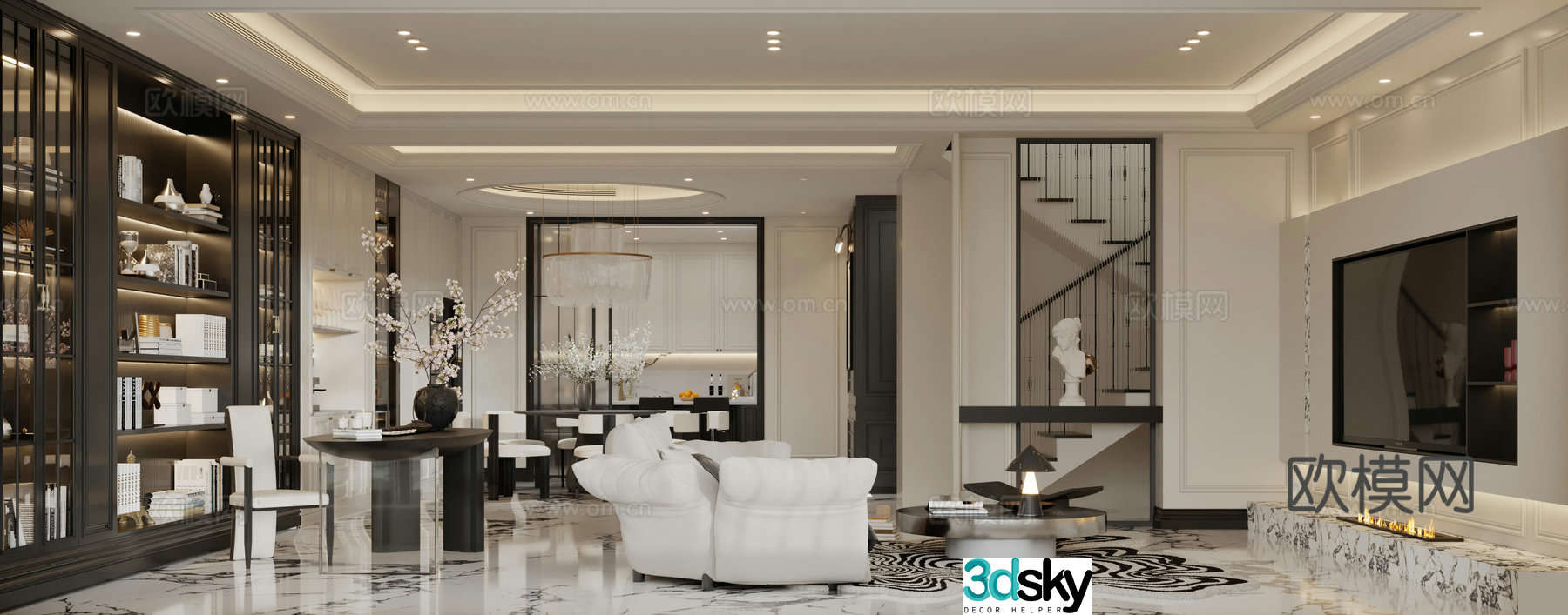 French villa living room study sofa coffee table dining table table decoration 3d model