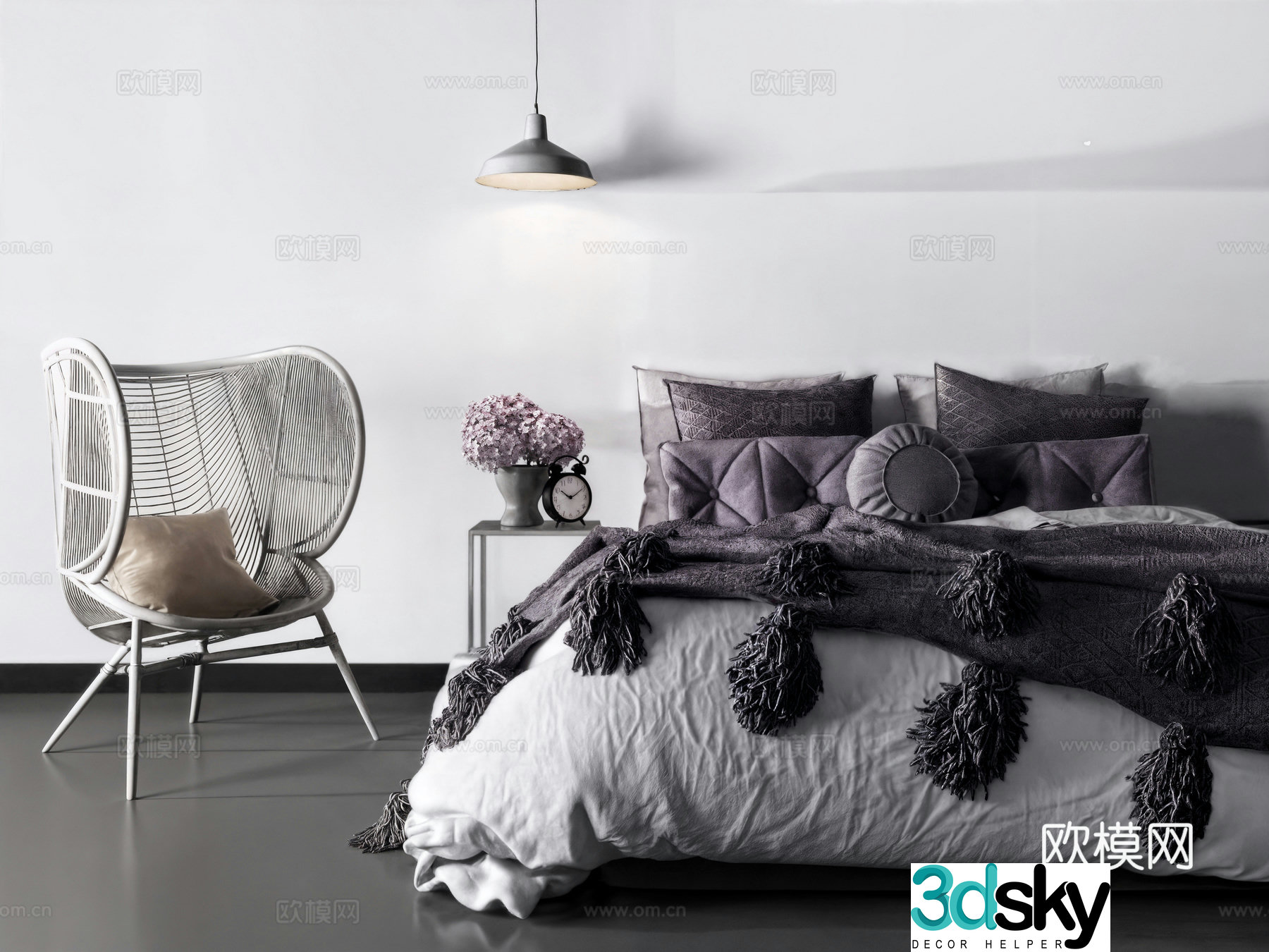 Modern fabric double bed bedside counter lamp combination leisure chair 3d model
