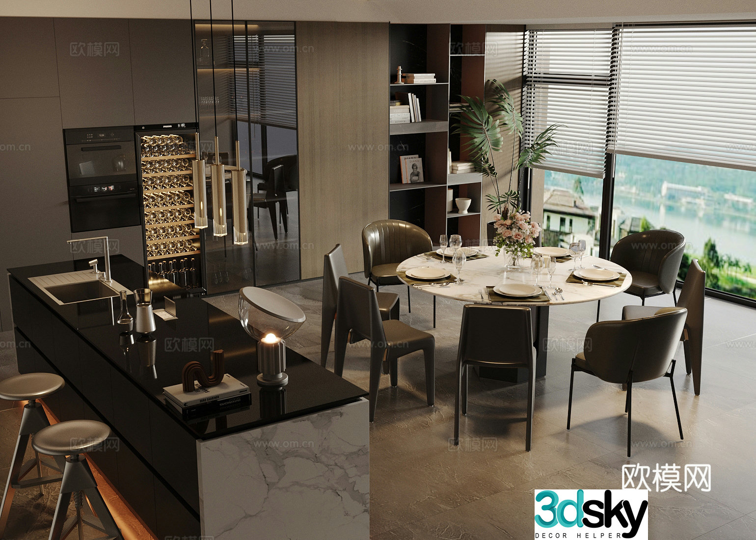 Modern Italian home restaurant Light luxury Italian restaurant Round table restaurant Island restaurant Black white and gray 3D model