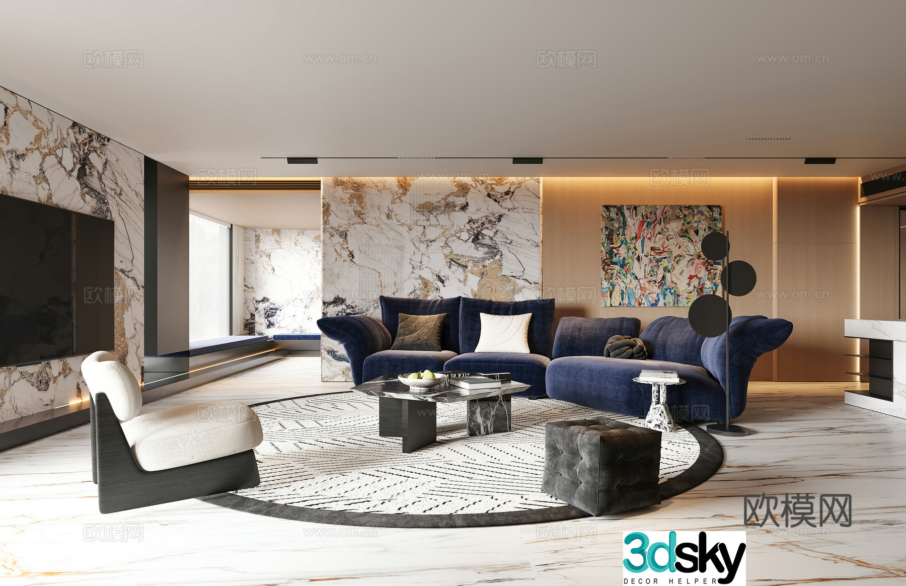 Modern light luxury living room Villa living room Large flat living room Sofa coffee table combination Leisure chair Floor 3D model