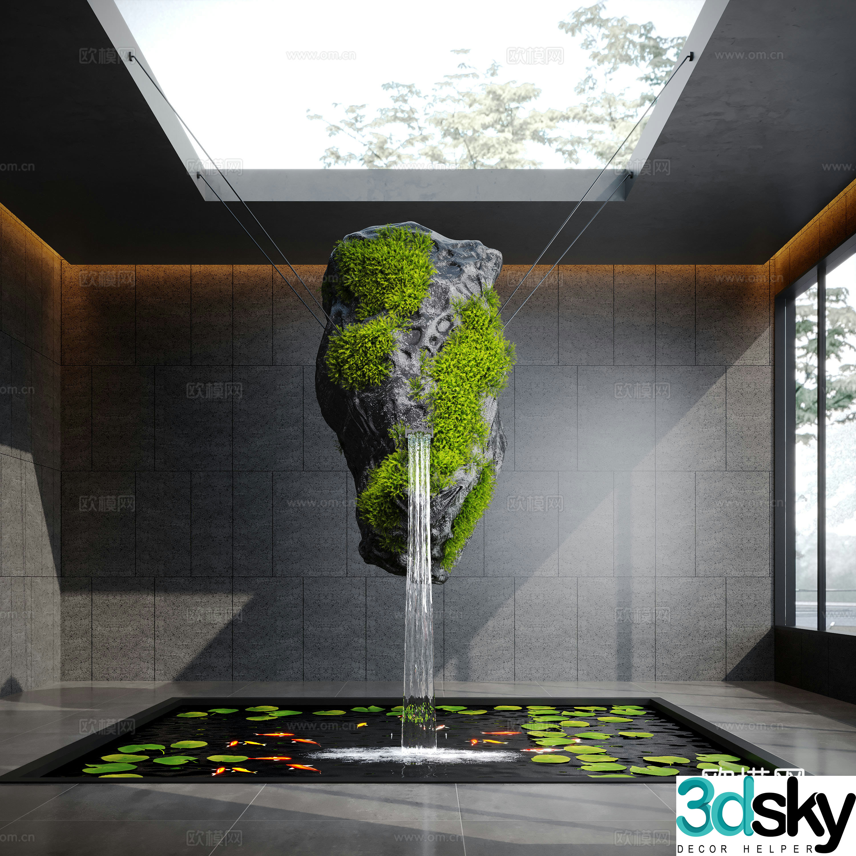 Modern water landscape indoor water landscape pumice stone moss indoor fish pond 3d model