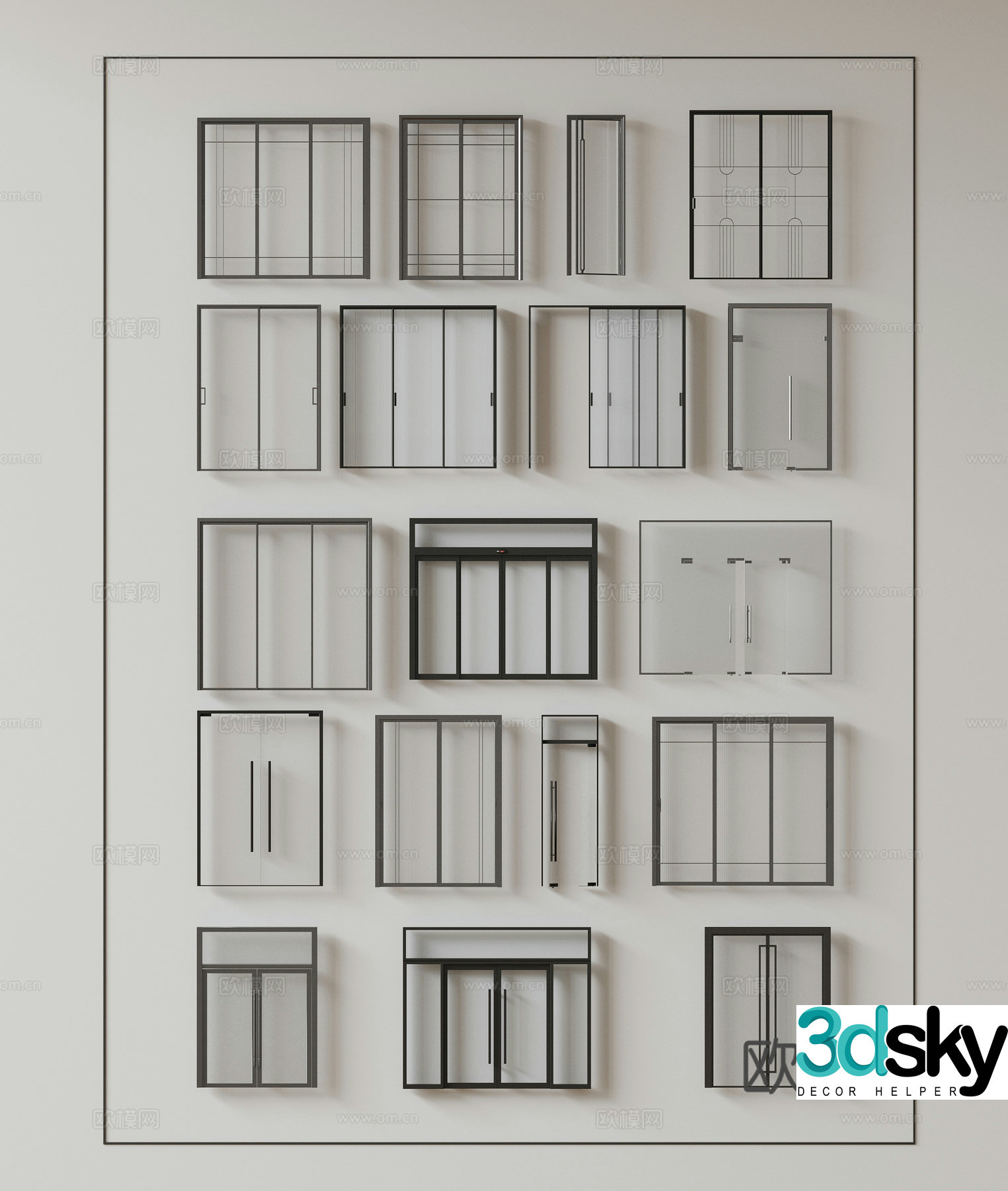 Modern glass door Floor-to-ceiling glass doors Glass doors and windows Double opening entrance doors Sliding doors Door connection 3D model