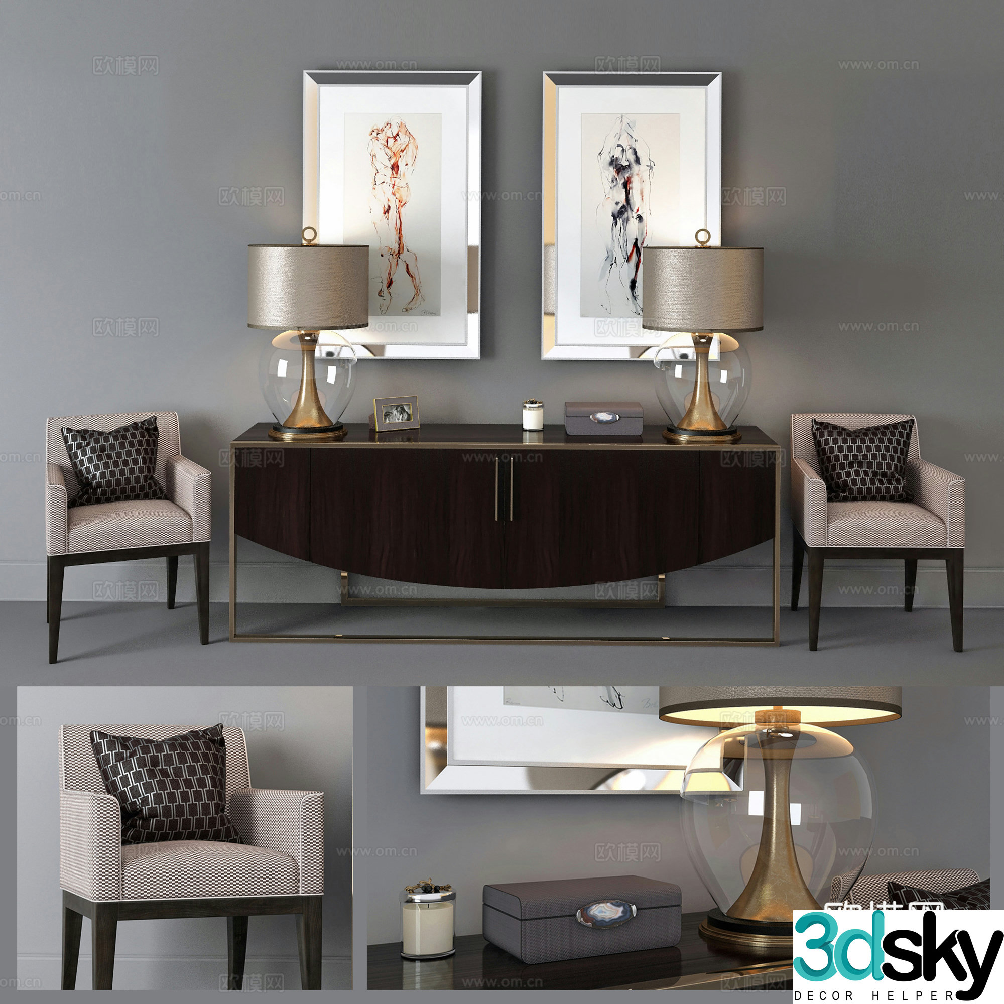 Modern entrance cabinet leisure chair combination jewelry ornaments hanging drawing desk lamp combination 3D model