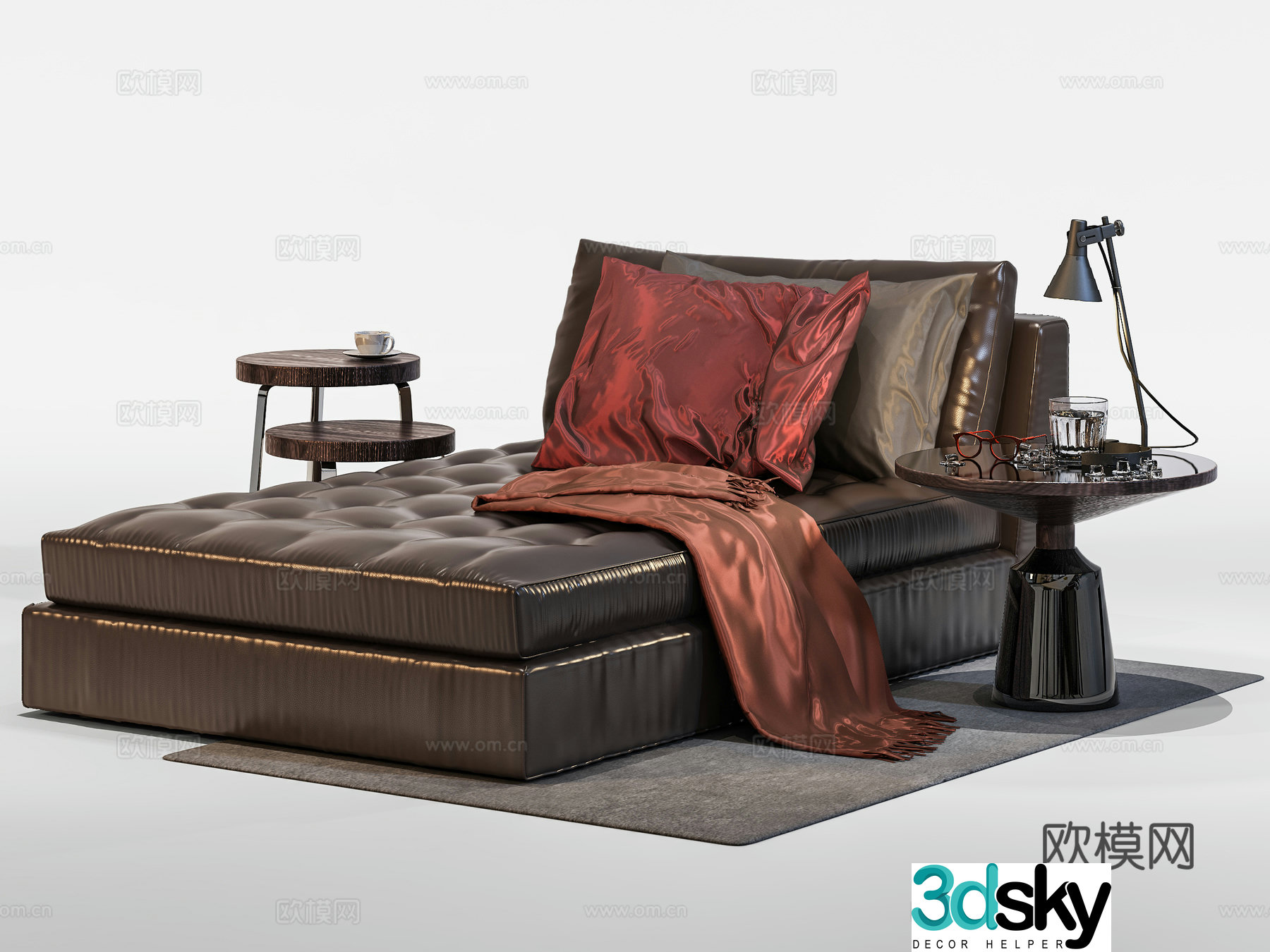 Light luxury leather double bed bedside counter lamp combination bedding 3D model