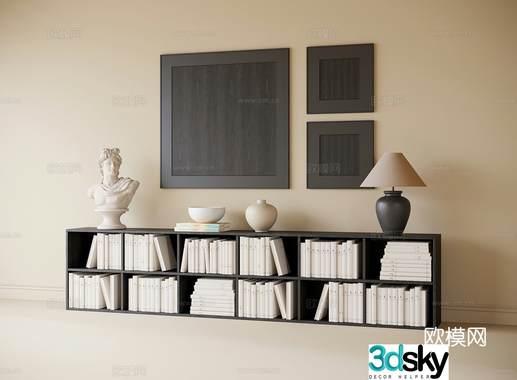 Modern low bookcase desk lamp book ornament TV cabinet 3d model