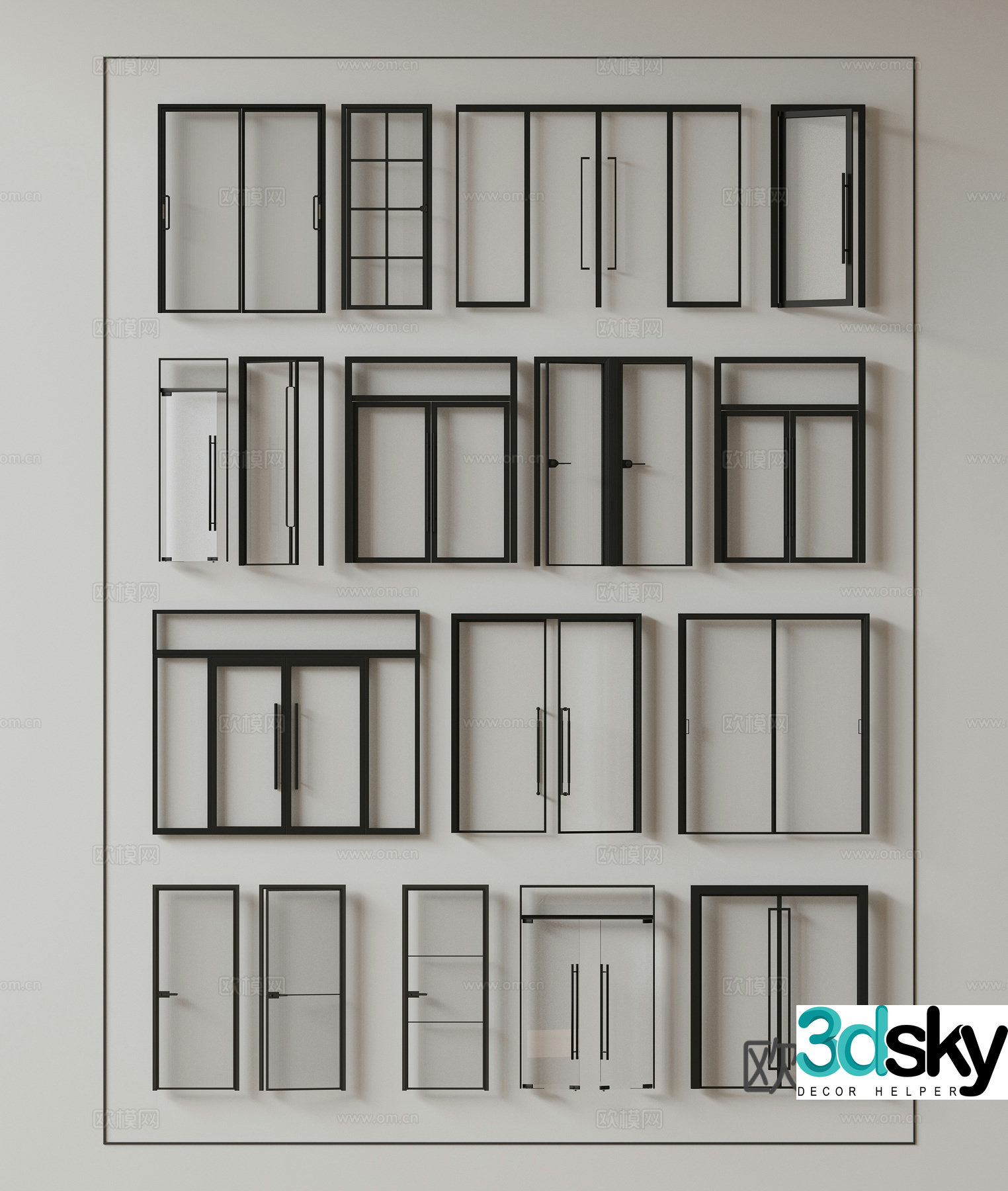 Modern glass door Floor-to-ceiling glass doors Glass doors and windows Double opening entrance doors Sliding doors Door connection 3D model