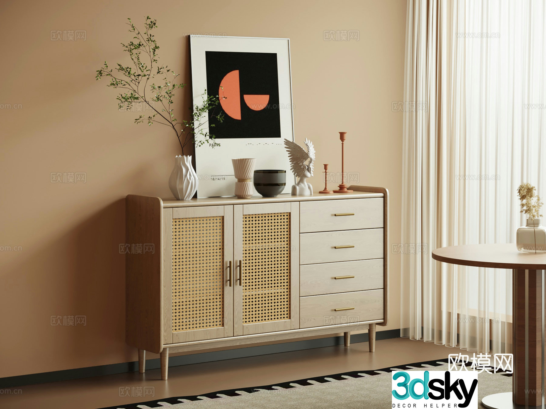 Middle-aged style porch cabinet side cabinet 3D model