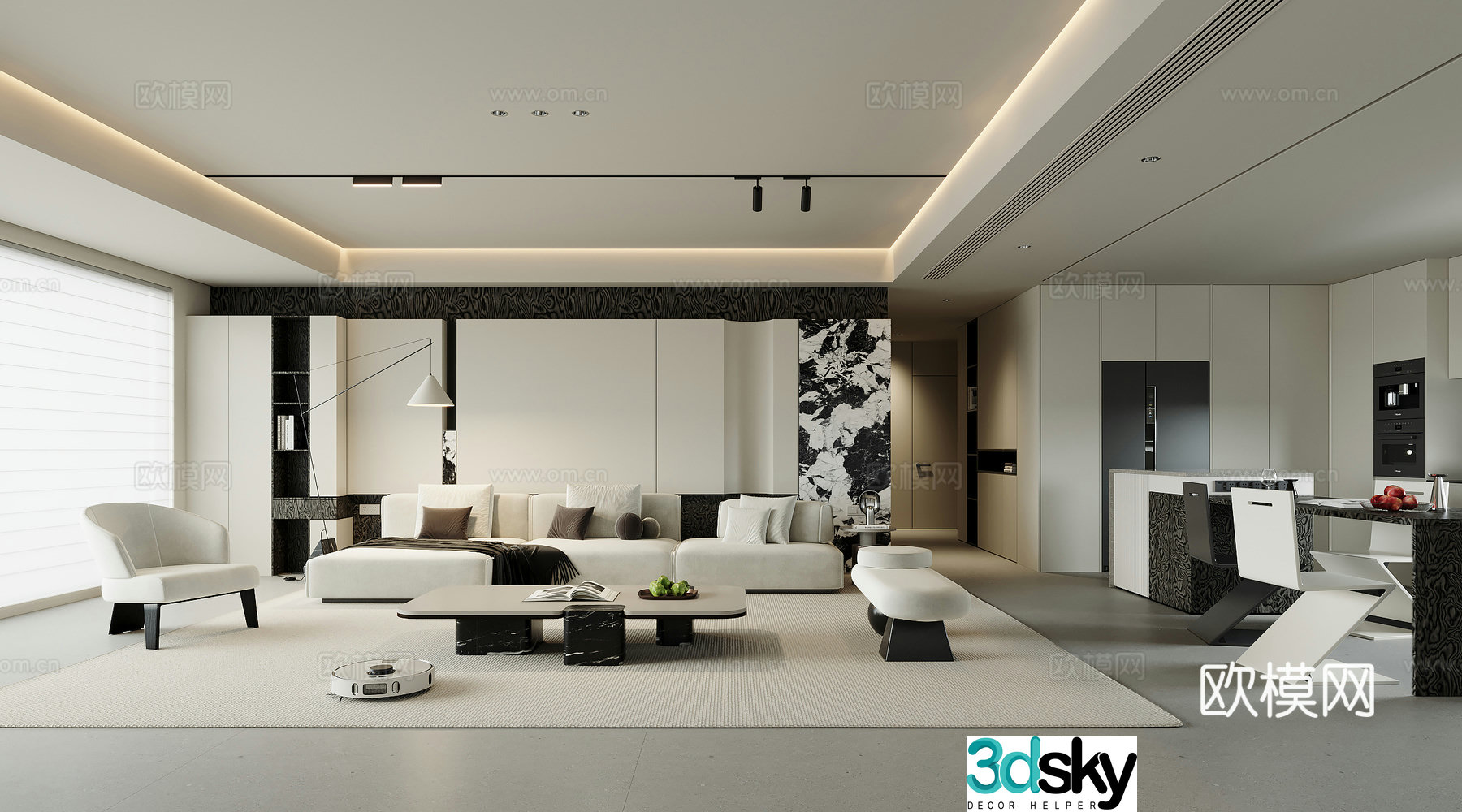 Modern living and dining room 3d model