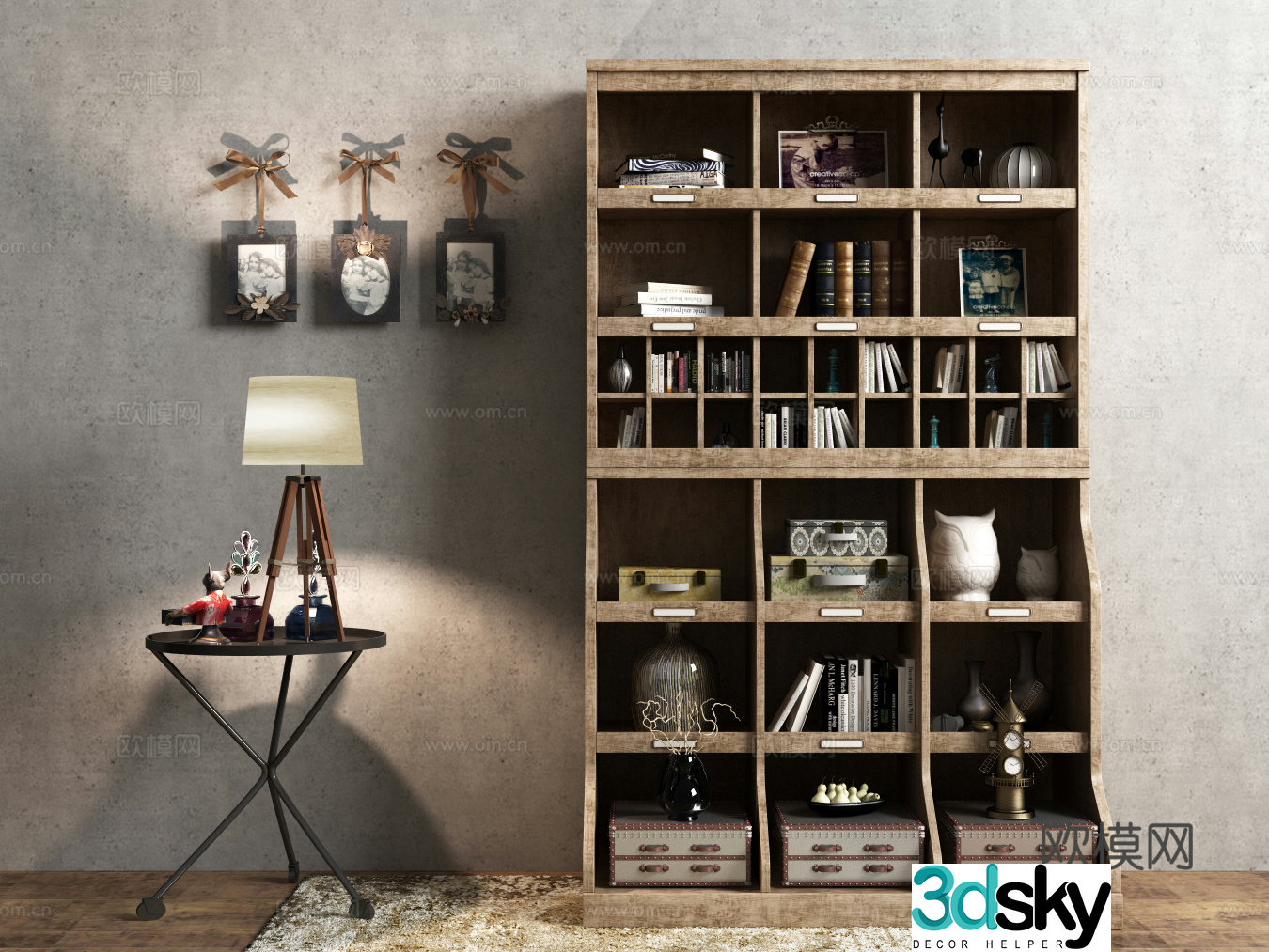 Industrial style bookcase decoration cabinet round photo frame wall decoration carpet book jewelry 3d model