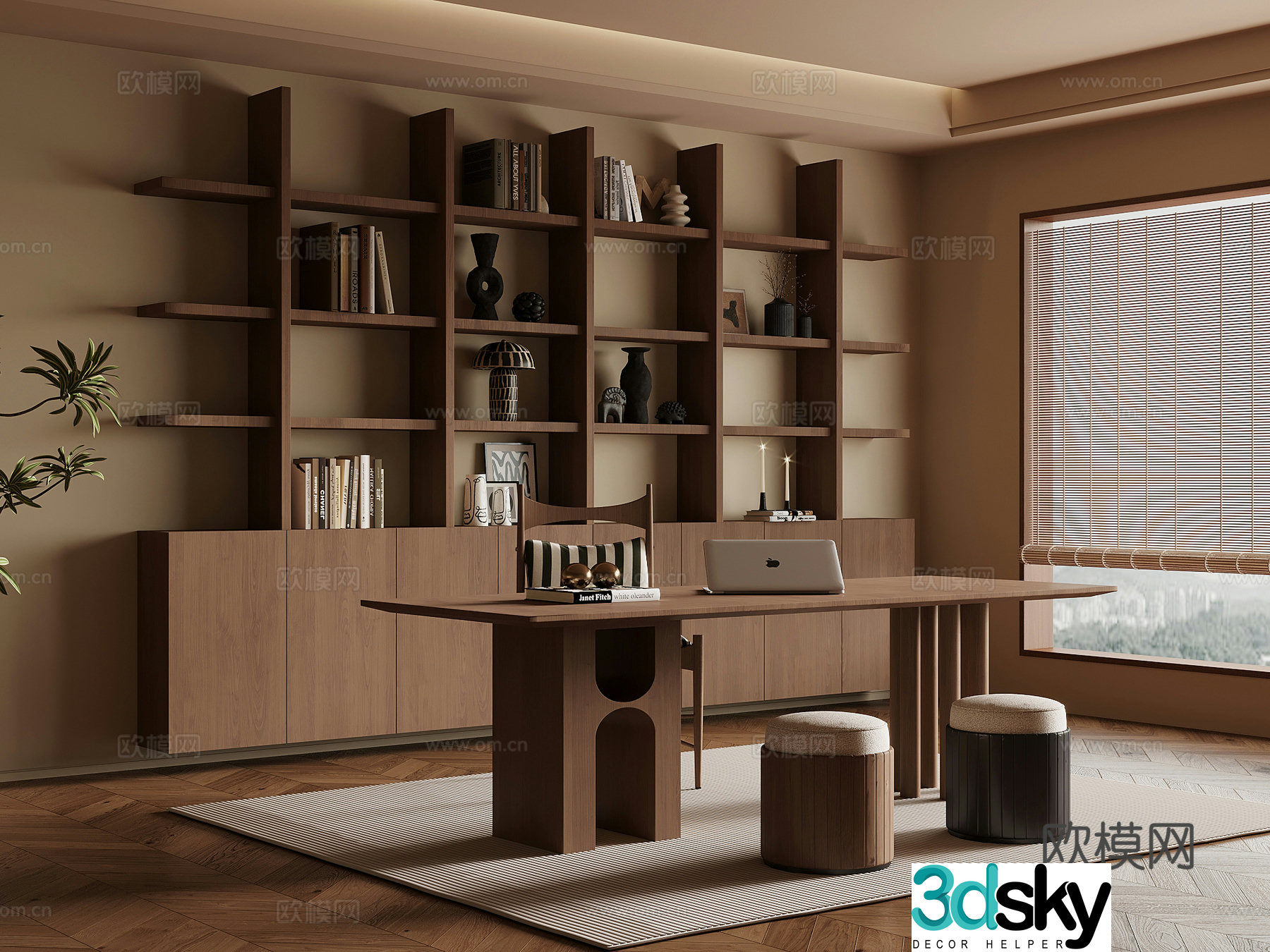 Middle-aged study bookshelf desk and chair 3D model