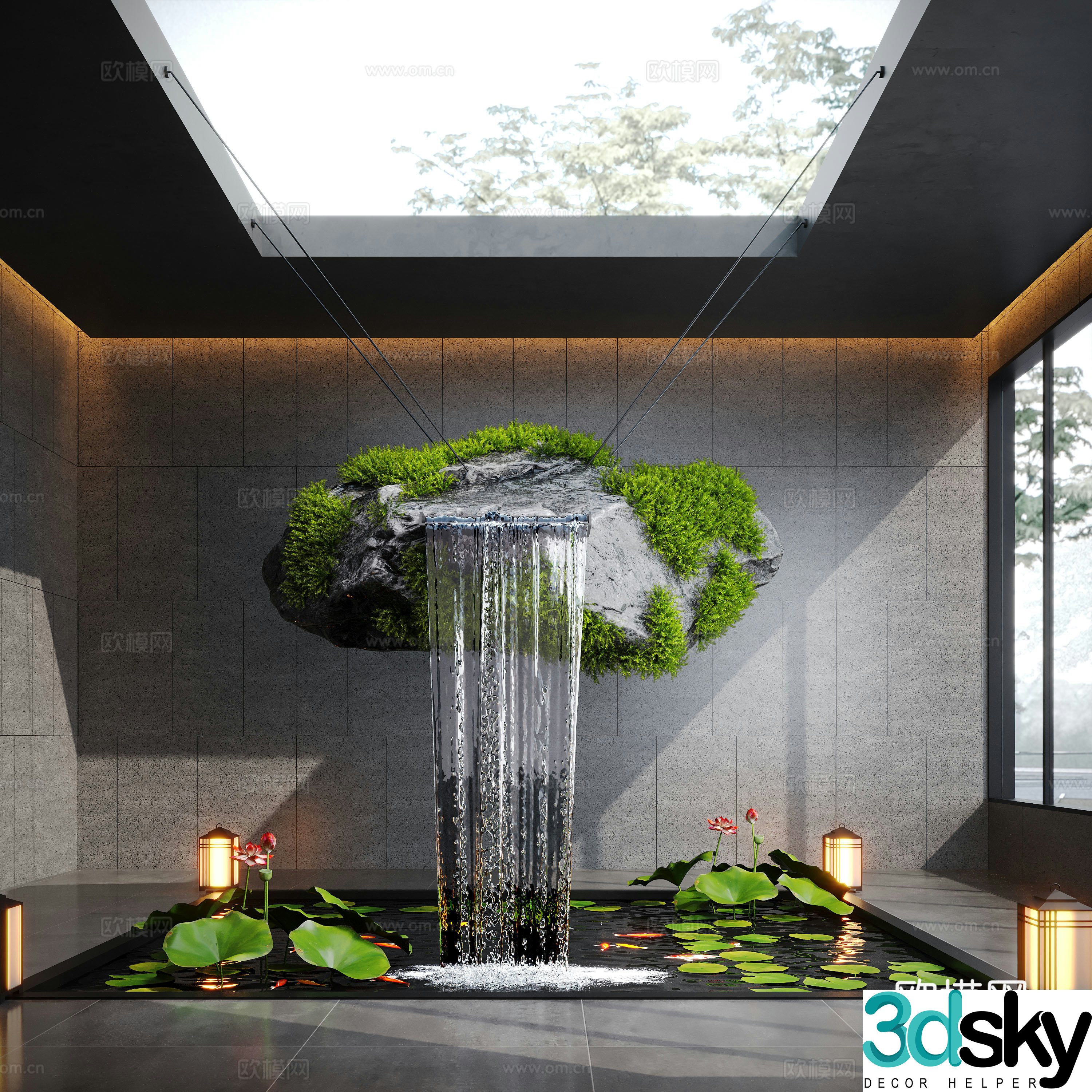 Modern water landscape indoor water landscape pumice stone moss indoor fish pond 3d model