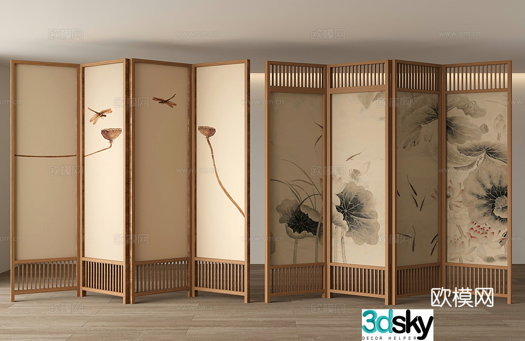 New Chinese style Chinese style screen partition Plant painting screen Wooden screen Screen 3D model